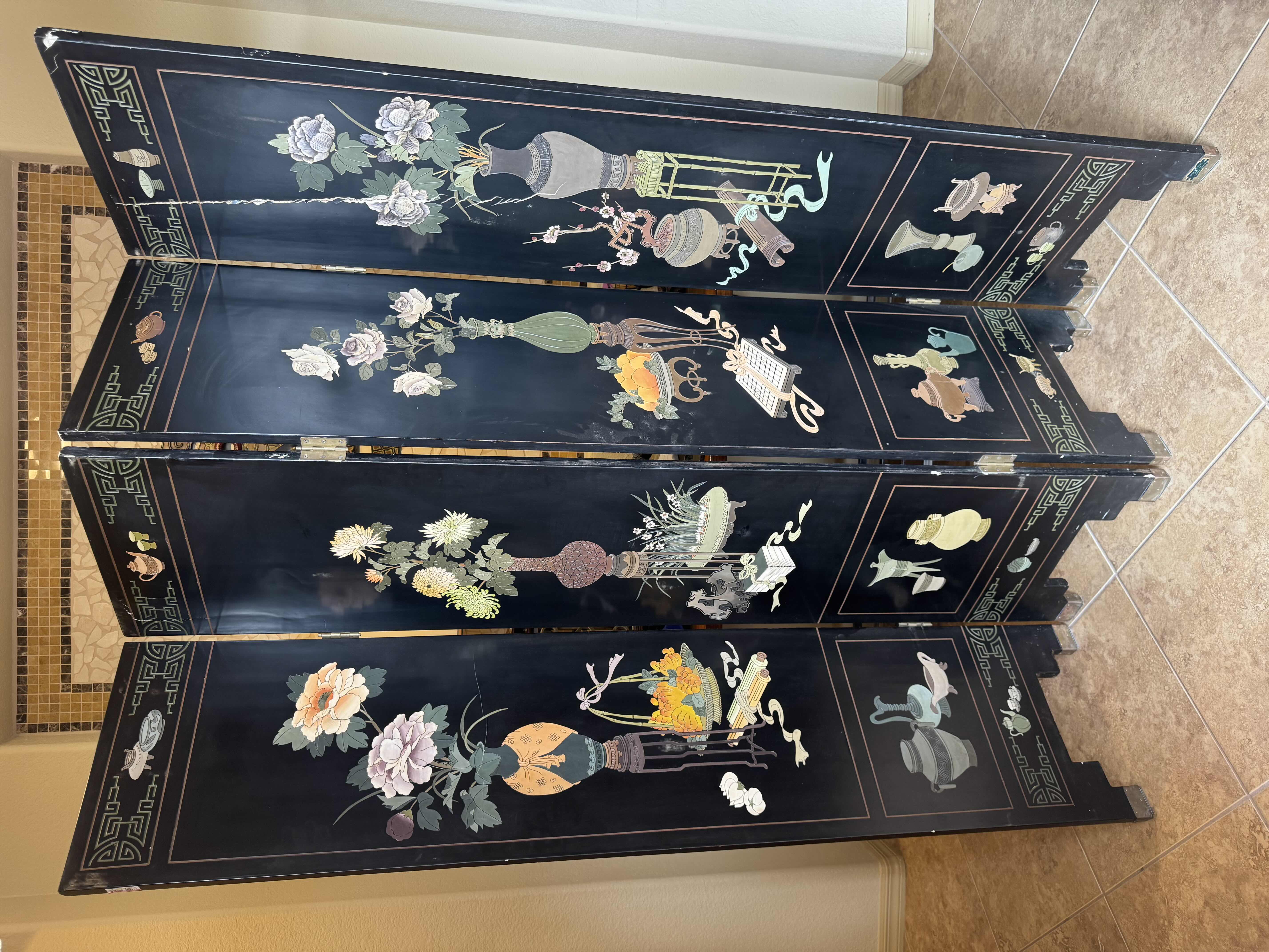 Photo 1 of 1984 OKINAWA WOODEN FOLDING SCREEN 4 PANELS, MISSING HINGE SCREW PICTURED FOR REFERENCE, 6" X 6"H