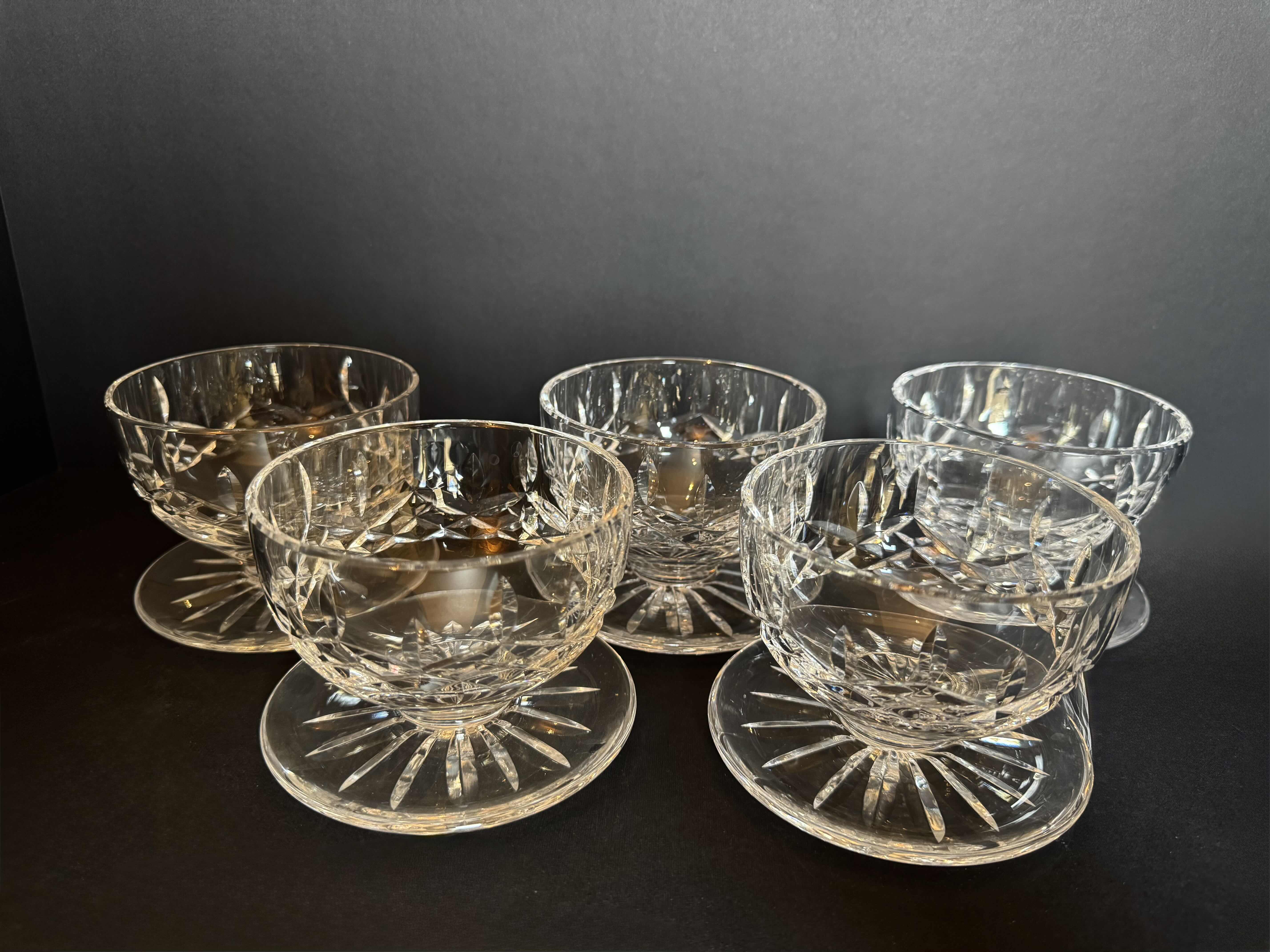 Photo 1 of 5-WATERFORD CRYSTAL FOOTED DESSERT GLASSES, 4”H