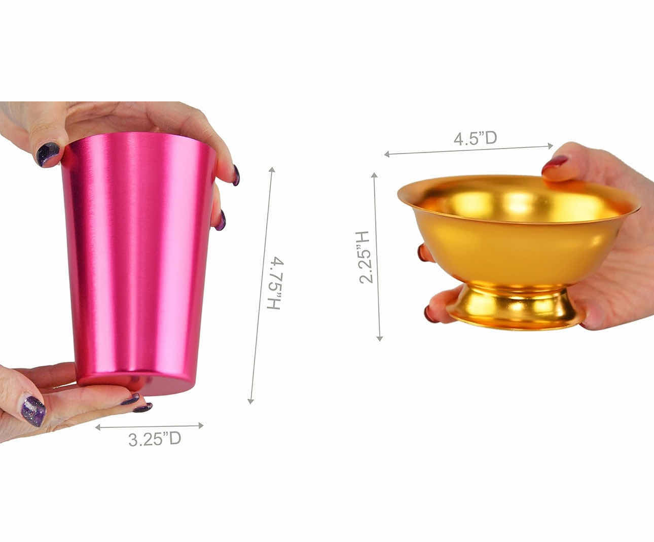 Photo 1 of BRAND NEW CASE OF HOME-X BRIGHTLY COLORED ALUMINUM BOWLS AND TUMBLERS SET OF 8, 4x METAL SERVING DISHES AND 4x OUNCE SHATTER RESISTANT DRINKING CUPS