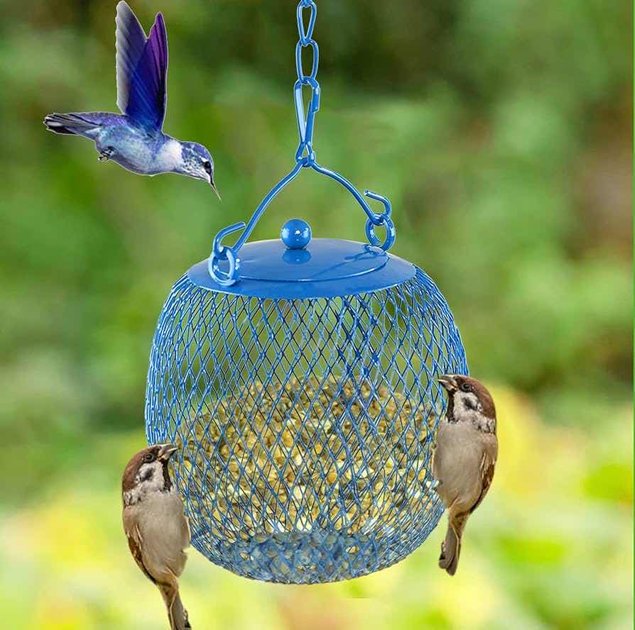 Photo 1 of BIRD FEEDER BALL FOR BIRD SEED, IRON MESH OUTDOOR BIRD FEEDER, HANGING FEEDER FOR OUTDOOR BIRDS, 4 ¾ " D X 4" H, BLUE