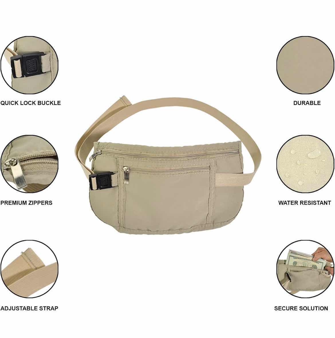 Photo 1 of CASE OF 144 Khaki Secure Waist Money Belt Pouch for Travel, Wallet Passport Holder for Men and Women