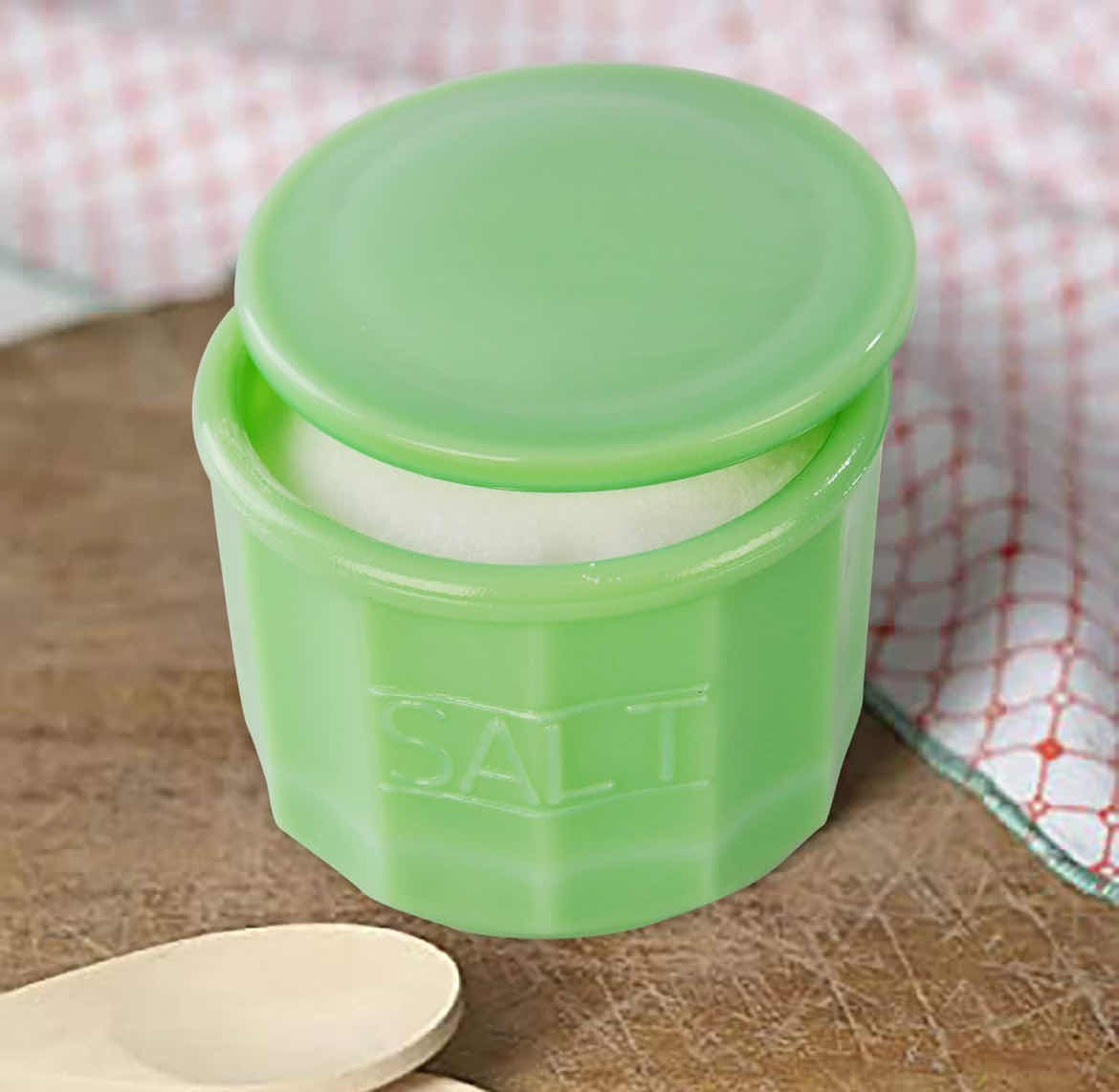 Photo 1 of DEPRESSION STYLE JADE GLASS SALT CELLAR WITH LID, RETRO KITCHEN DECOR, WEDDING GIFT - 3 1/2" H X 4" D