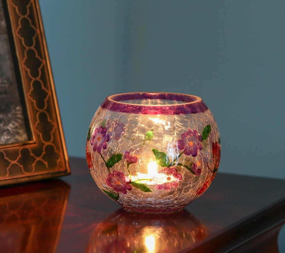 Photo 1 of CASE OF 24 HOME-X HAND PAINTED BLOSSOMS & BUTTERFLIES CANDLEHOLDERS CRACKLE GLASS CANDLE HOLDER DESIGN IS ELEGANT SETS OF 2.