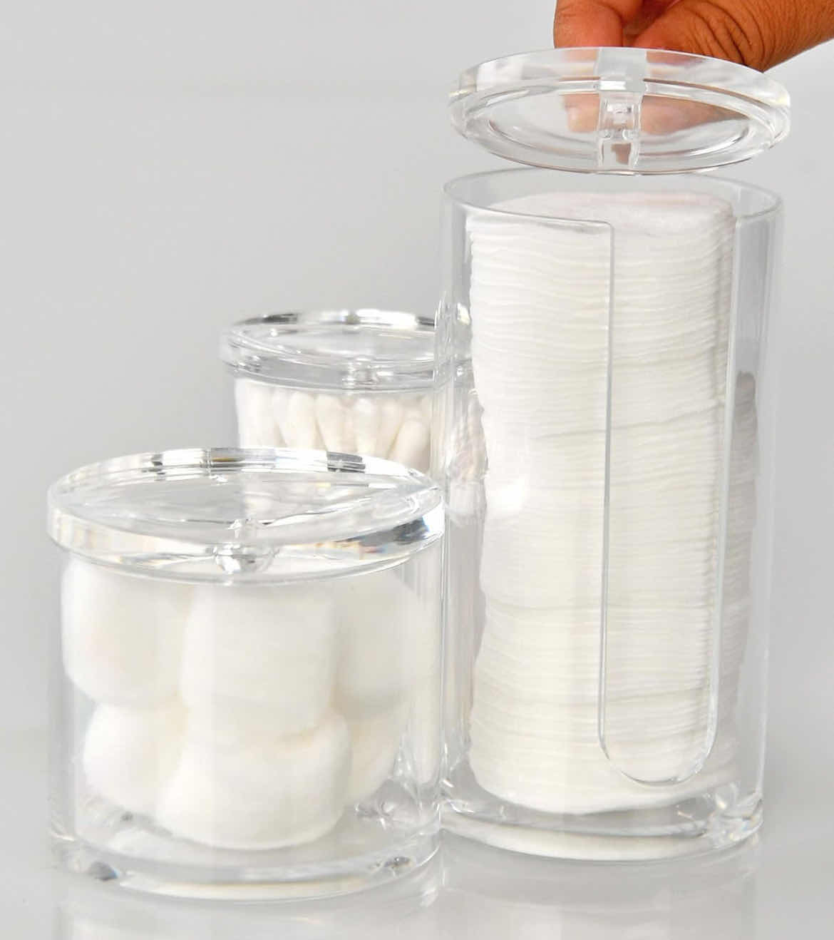 Photo 1 of CASE OF 24 HOME-X BATHROOM ORGANIZER JARS 3 IN 1 ACRYLIC STORAGE CONTAINERS WITH LIDS VANITY DECOR COTTON ROUNDS AND SWABS ORGANIZER 5 ½” H x 2 ¾” D, 3" H x 3" D, 3 ¾” H x 2 ¼” D