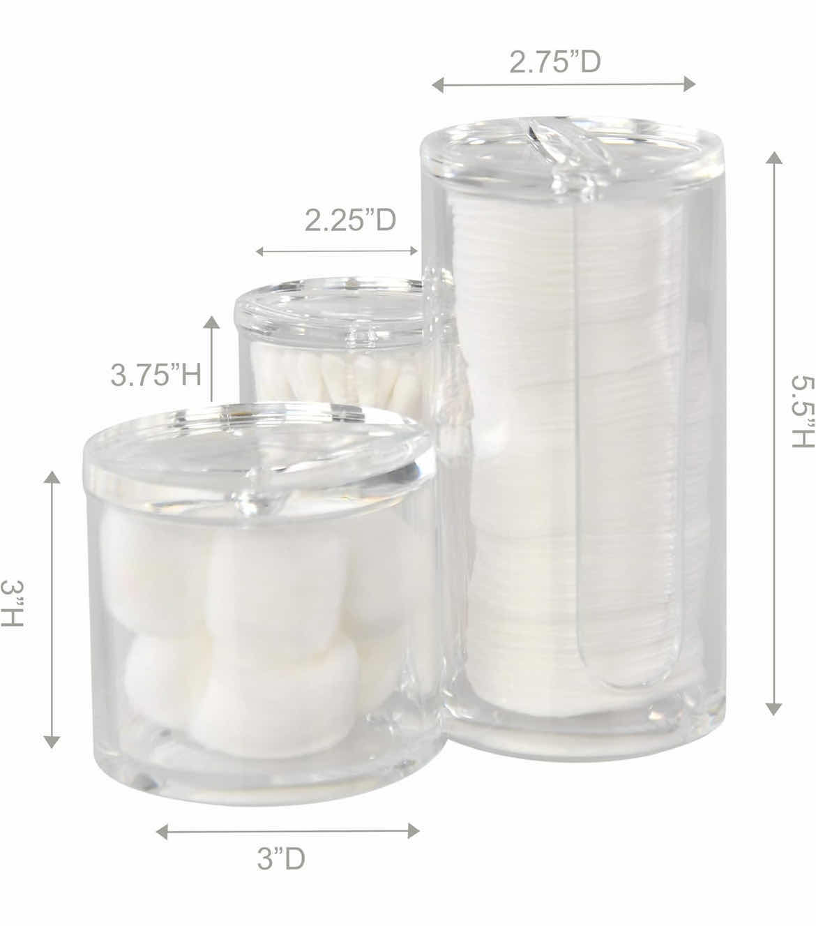 Photo 1 of CASE OF 24 HOME-X BATHROOM ORGANIZER JARS 3 IN 1 ACRYLIC STORAGE CONTAINERS WITH LIDS VANITY DECOR COTTON ROUNDS AND SWABS ORGANIZER 5 ½” H x 2 ¾” D, 3" H x 3" D, 3 ¾” H x 2 ¼” D