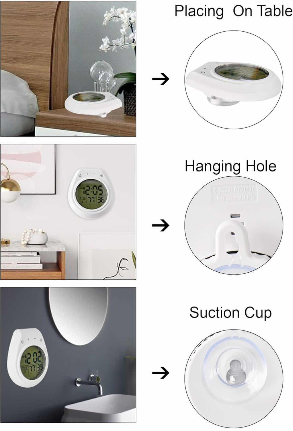 Photo 3 of CASE OF 36 HOME-X MULTIFUNCTION DIGITAL BATHROOM CLOCK THERMOMETER DATE TIMER SUCTION CUP OR HANG 5 ½ " L x 4 1/2" W x 1 ¾ " H, WHITE