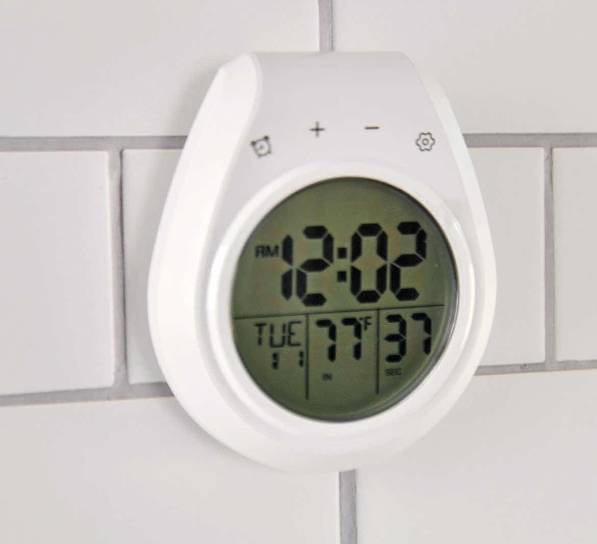 Photo 1 of CASE OF 34 HOME-X MULTIFUNCTION DIGITAL BATHROOM CLOCK THERMOMETER DATE TIMER SUCTION CUP OR HANG 5 ½ " L x 4 1/2" W x 1 ¾ " H, WHITE