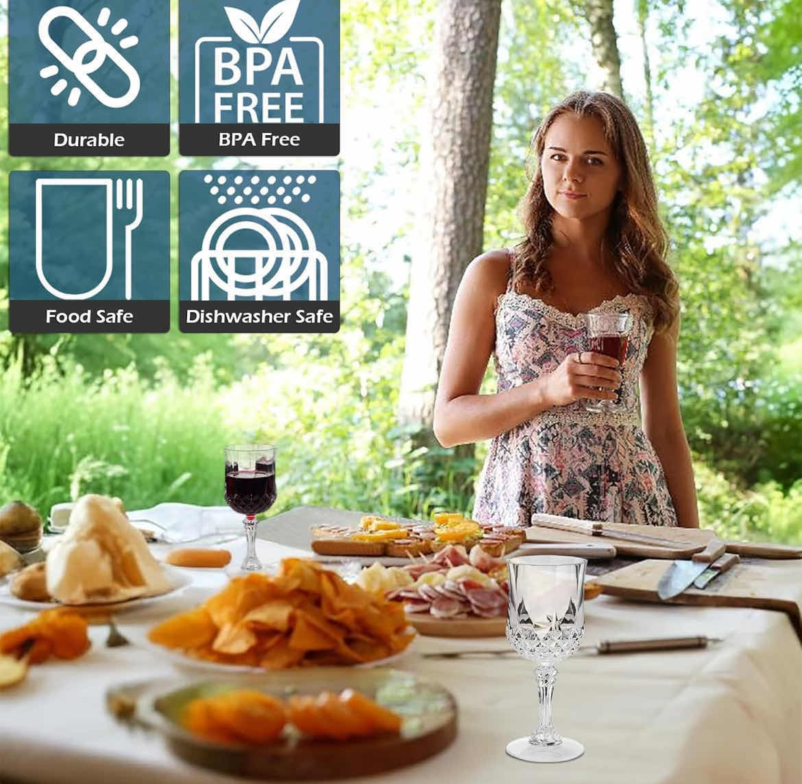 Photo 1 of CASE OF 24 SETS OF 4 HOME-X PLASTIC GOBLETS 4PCS TRANSPARENT REUSABLE ACRYLIC WINE GLASSES WITH STEMS ELEGANT & UNBREAKABLE WINE GLASSES FOR CHAMPAGNE PARTIES WEDDINGS OUTDOOR BBQ PICNICS