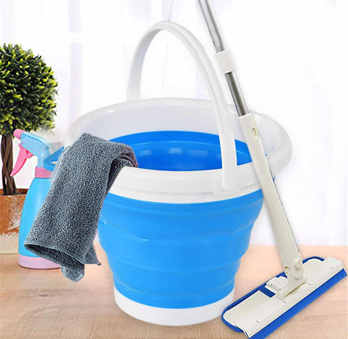 Photo 1 of CASE OF 30 HOME-X COLLAPSIBLE BUCKET PORTABLE BUCKET FOR CLEANING PLASTIC BUCKET FOR OUTDOOR OR INDOOR USE 
10" D x 8 ½” H, 1.3 GALLON CAPACITY BLUE/WHITE