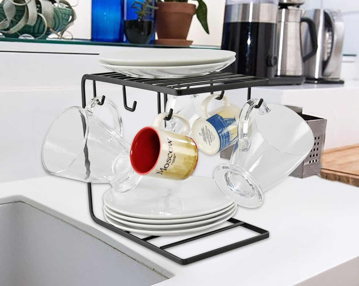 Photo 3 of CASE OF 12 METAL MUG TREE HOLDER STAND FOR COUNTER-RUSTIC COFFEE CUP HOLDER FOR COUNTER-6 MUG RACK ORGANIZER FOR KITCHEN CABINET-MUG AND PLATE HOLDER-BLACK