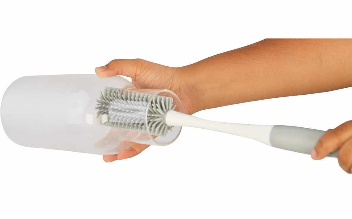 Photo 1 of CASE OF 24 HOME-X BOTTLE CLEANING BRUSH RUBBER BRISTLE BRUSH BRUSH LONG HANDLE FOR CLEANING WATER BOTTLES VASES TRAVEL MUGS 14" L x 2" W x 2" H, WHITE AND GRAY