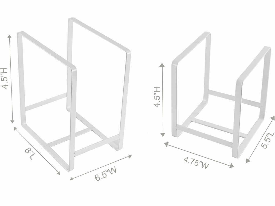 Photo 1 of CASE OF 12 HOME-X SET OF 2 PLATE HOLDERS VERTICAL CUPBOARD ORGANIZERS STORAGE FOR PLATES  ORGANIZERS FOR DISHES PLATE STORAGE RACKS 5 ½ " L x 4 ¾ " W and 8" L x 6 ½ " W, WHITE, SET OF  2