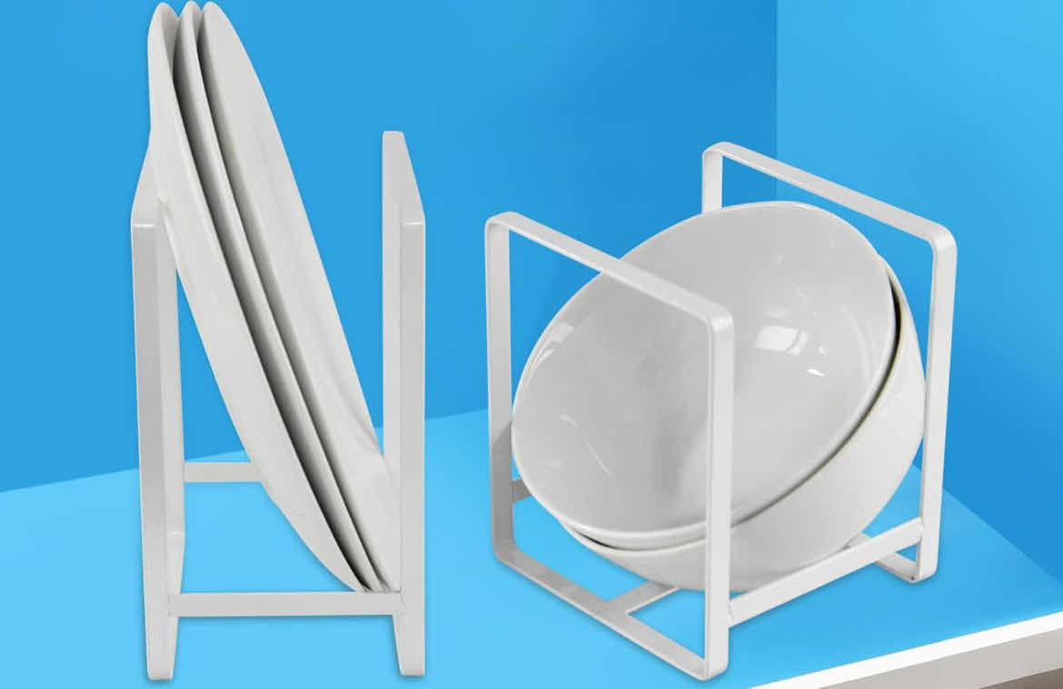 Photo 1 of CASE OF 12 HOME-X SET OF 2 PLATE HOLDERS VERTICAL CUPBOARD ORGANIZERS STORAGE FOR PLATES  ORGANIZERS FOR DISHES PLATE STORAGE RACKS 5 ½ " L x 4 ¾ " W and 8" L x 6 ½ " W, WHITE, SET OF  2