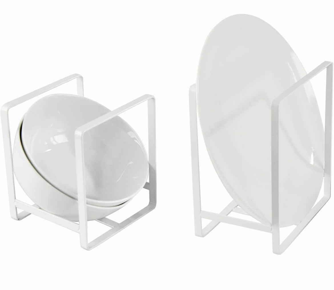 Photo 1 of CASE OF 12 HOME-X SET OF 2 PLATE HOLDERS VERTICAL CUPBOARD ORGANIZERS STORAGE FOR PLATES  ORGANIZERS FOR DISHES PLATE STORAGE RACKS 5 ½ " L x 4 ¾ " W and 8" L x 6 ½ " W, WHITE, SET OF  2