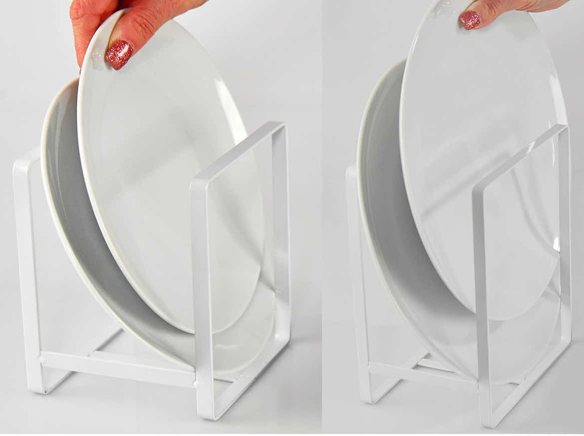 Photo 2 of CASE OF 12 HOME-X SET OF 2 PLATE HOLDERS VERTICAL CUPBOARD ORGANIZERS STORAGE FOR PLATES  ORGANIZERS FOR DISHES PLATE STORAGE RACKS 5 ½ " L x 4 ¾ " W and 8" L x 6 ½ " W, WHITE, SET OF  2