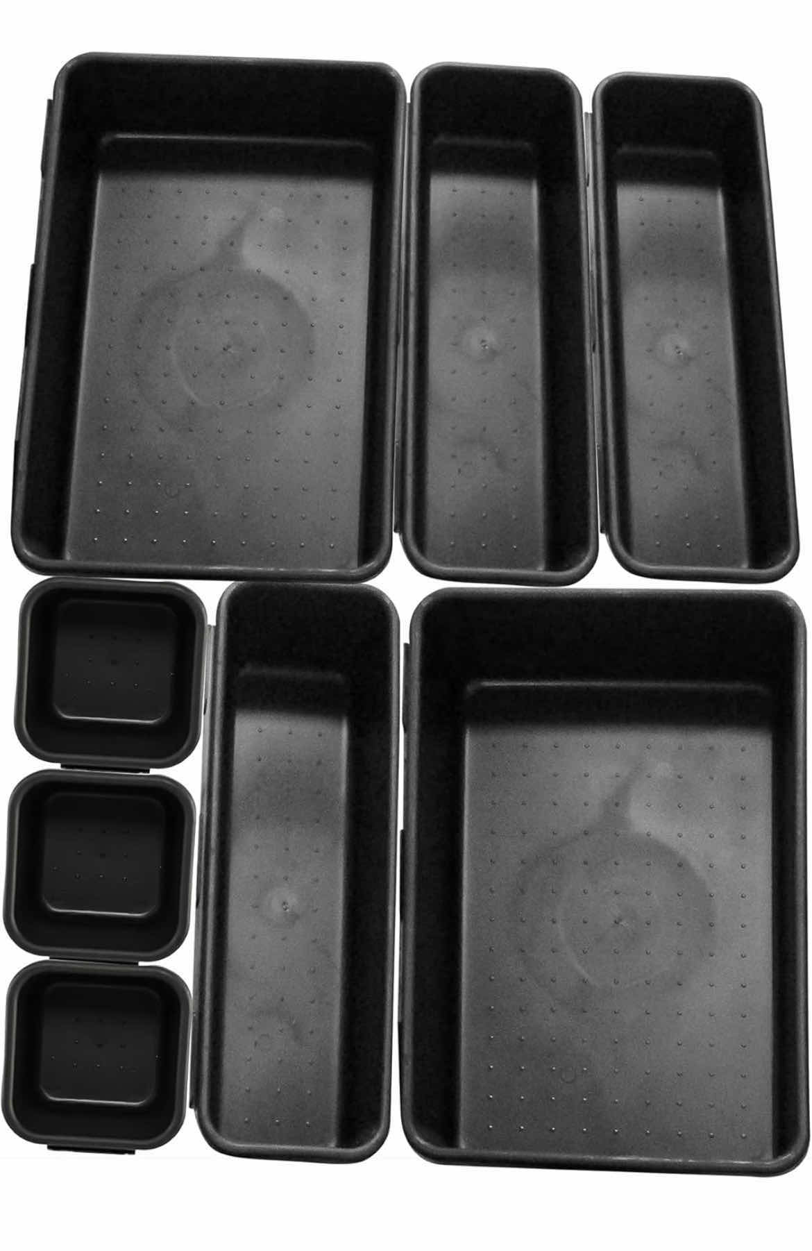 Photo 1 of CASE OF 12 HOME-X CONNECTING ORGANIZER TRAYS INTERLOCKING ADJUSTABLE TRAYS FOR OFFICE SUPPLIES KITCHEN UTENSIL DRAWERS SET OF 8, 3 SIZES BLACK