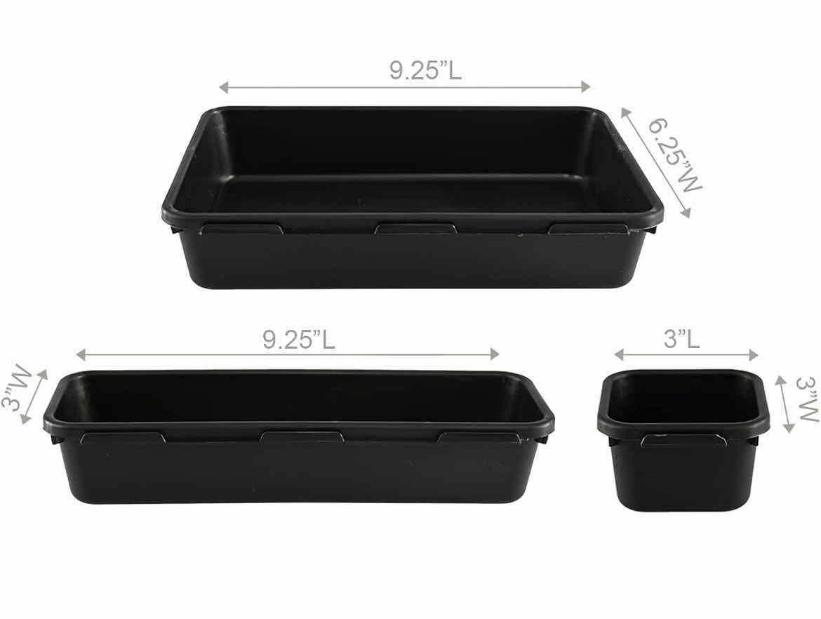 Photo 1 of CASE OF 12 HOME-X CONNECTING ORGANIZER TRAYS INTERLOCKING ADJUSTABLE TRAYS FOR OFFICE SUPPLIES KITCHEN UTENSIL DRAWERS SET OF 8, 3 SIZES BLACK
