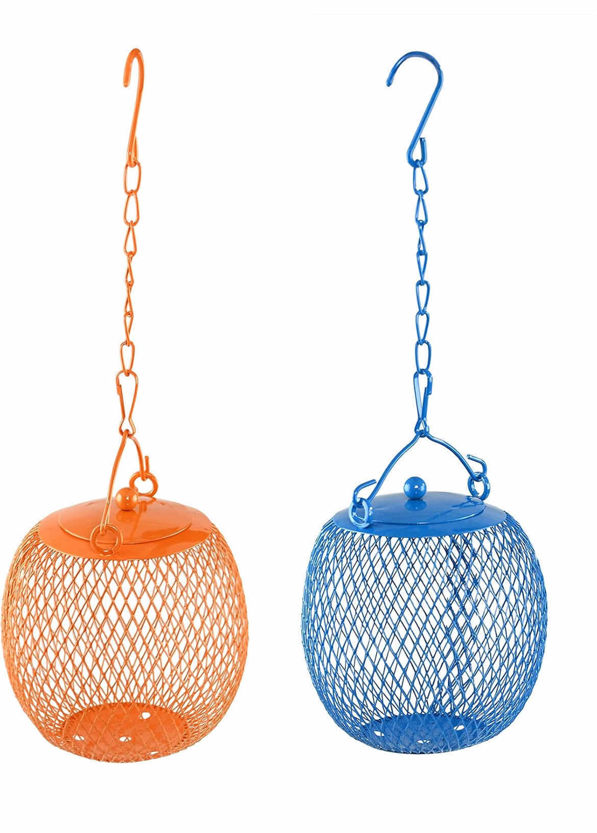 Photo 1 of CASE OF 16 SET OF 2 BIRD FEEDER BALL FOR BIRD SEED, IRON MESH OUTDOOR BIRD FEEDERS, HANGING FEEDERS FOR OUTDOOR BIRDS, SET OF 2, EACH 4 ¾ " D X 4" H, ORANGE/BLUE