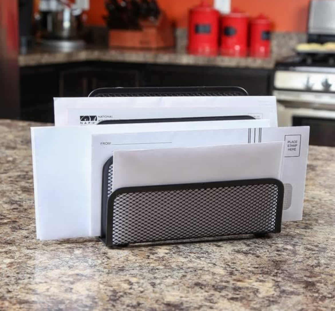 Photo 1 of CASE OF 48 HOME-X METAL MESH LETTER HOLDER WITH STORAGE 3 SLOTS HOME OFFICE DESK ORGANIZER MAIL SORTER BLACK 6 ¾” Lx 3 1/8” W x 5 ½” H