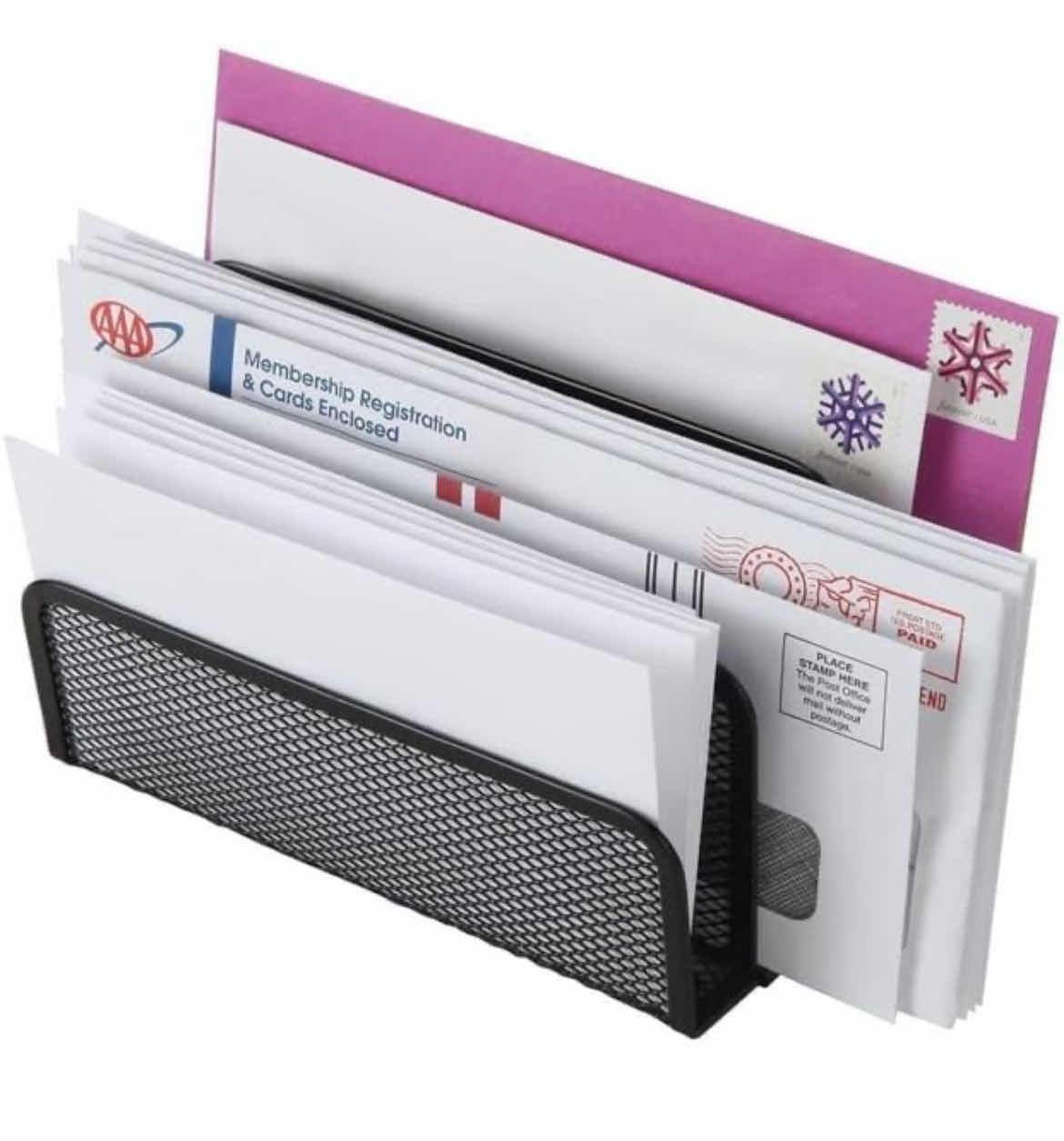 Photo 1 of CASE OF 48 HOME-X METAL MESH LETTER HOLDER WITH STORAGE 3 SLOTS HOME OFFICE DESK ORGANIZER MAIL SORTER BLACK 6 ¾” Lx 3 1/8” W x 5 ½” H