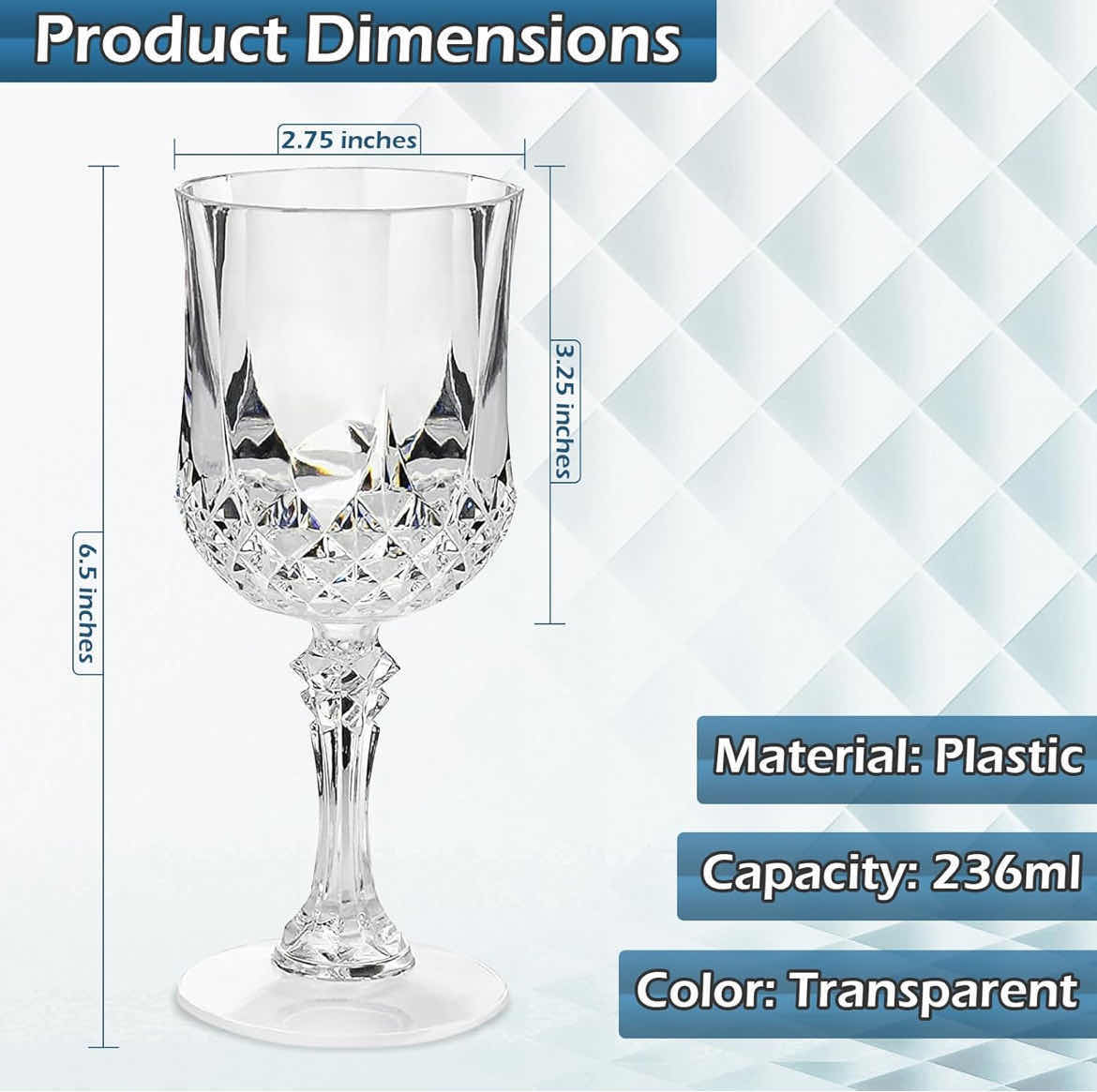 Photo 1 of CASE OF 24 SETS OF 4 HOME-X PLASTIC GOBLETS 4PCS TRANSPARENT REUSABLE ACRYLIC WINE GLASSES WITH STEMS ELEGANT & UNBREAKABLE WINE GLASSES FOR CHAMPAGNE PARTIES WEDDINGS OUTDOOR BBQ PICNICS