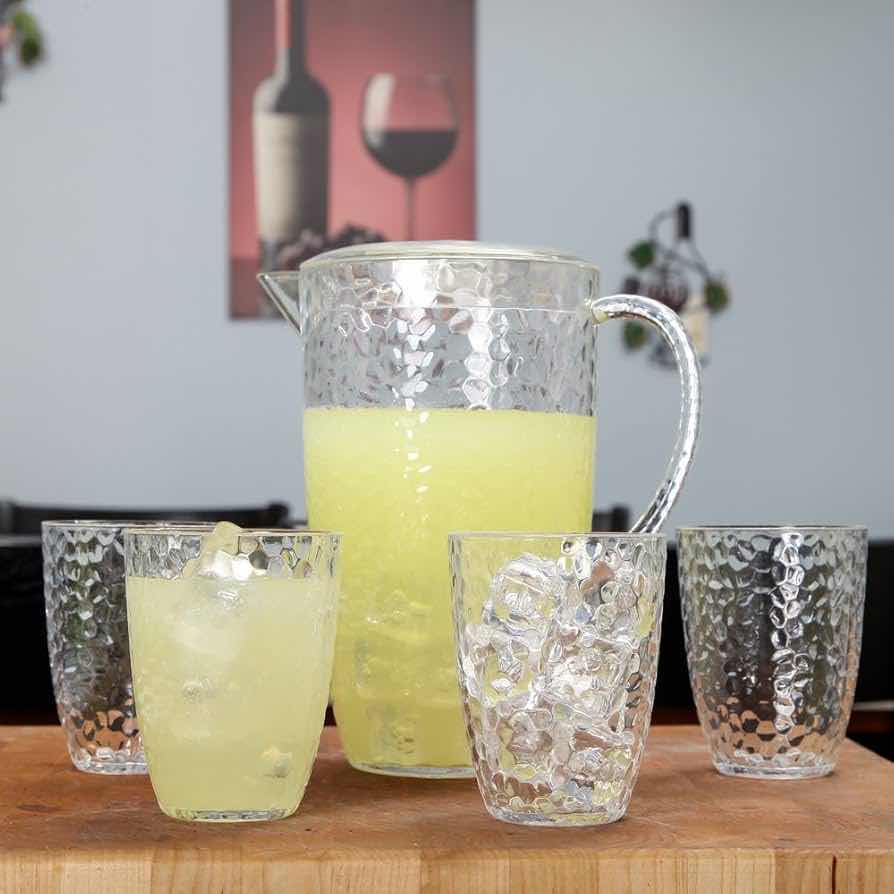 Photo 1 of CASE OF 12 HOME-X PLASTIC HAMMERED DESIGN 64OZ PITCHER WITH 4 MATCHING TUMBLERS KITCHENWARE PARTIES BARBECUES BBQ CELEBRATIONS (CLEAR)