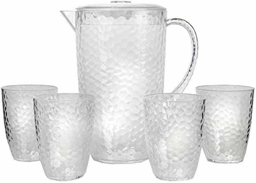 Photo 1 of CASE OF 12 HOME-X PLASTIC HAMMERED DESIGN 64OZ PITCHER WITH 4 MATCHING TUMBLERS KITCHENWARE PARTIES BARBECUES BBQ CELEBRATIONS (CLEAR)