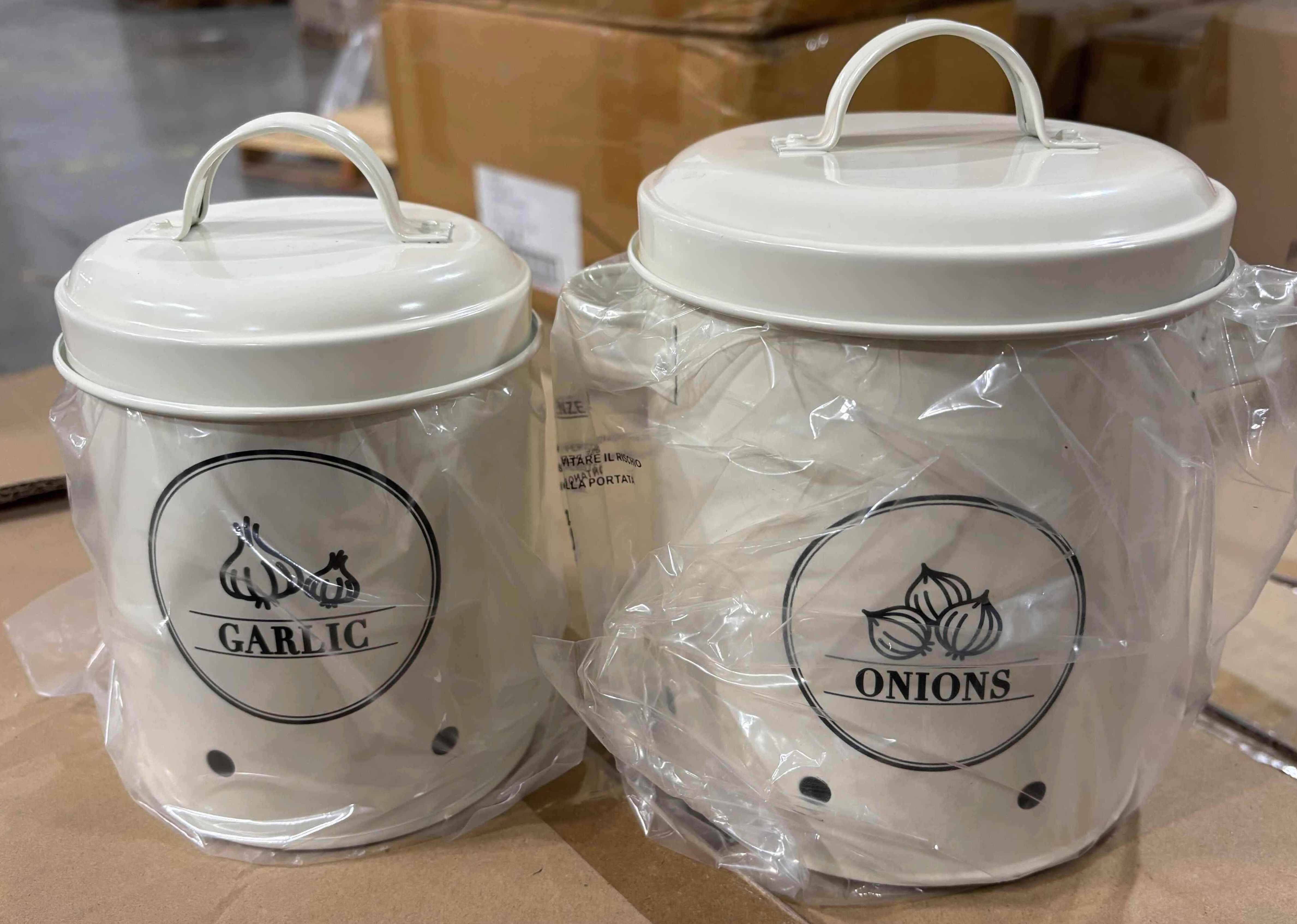 Photo 1 of  NEW CASE OF HOME-X GARLIC/ONION STORAGE CANISTER SET OF 2, SOFT WHITE (6 PER CASE)