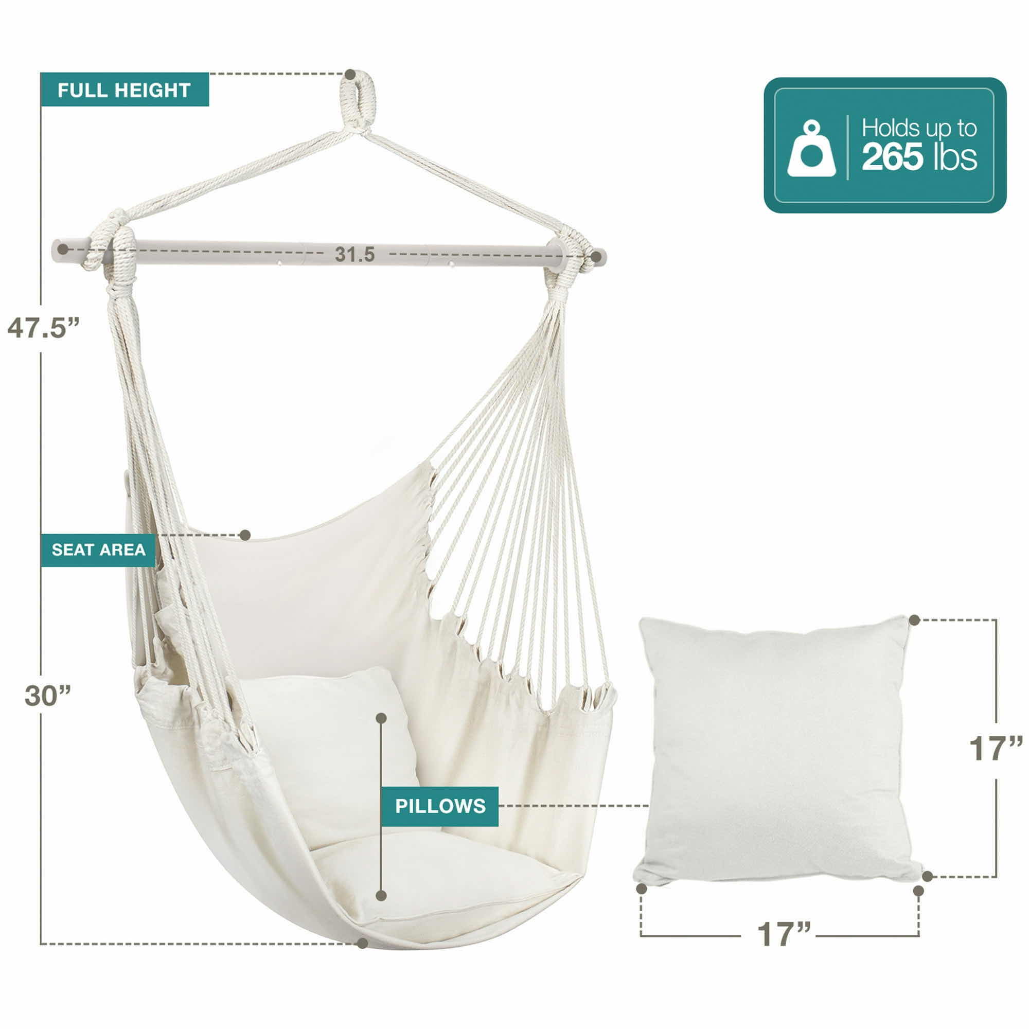 Photo 2 of NEW CASE OF ARAD INDOOR/OUTDOOR THICK CANVAS HANGING HAMMOCK W 2 CUSHIONS (WHITE) 4PCS PER CASE