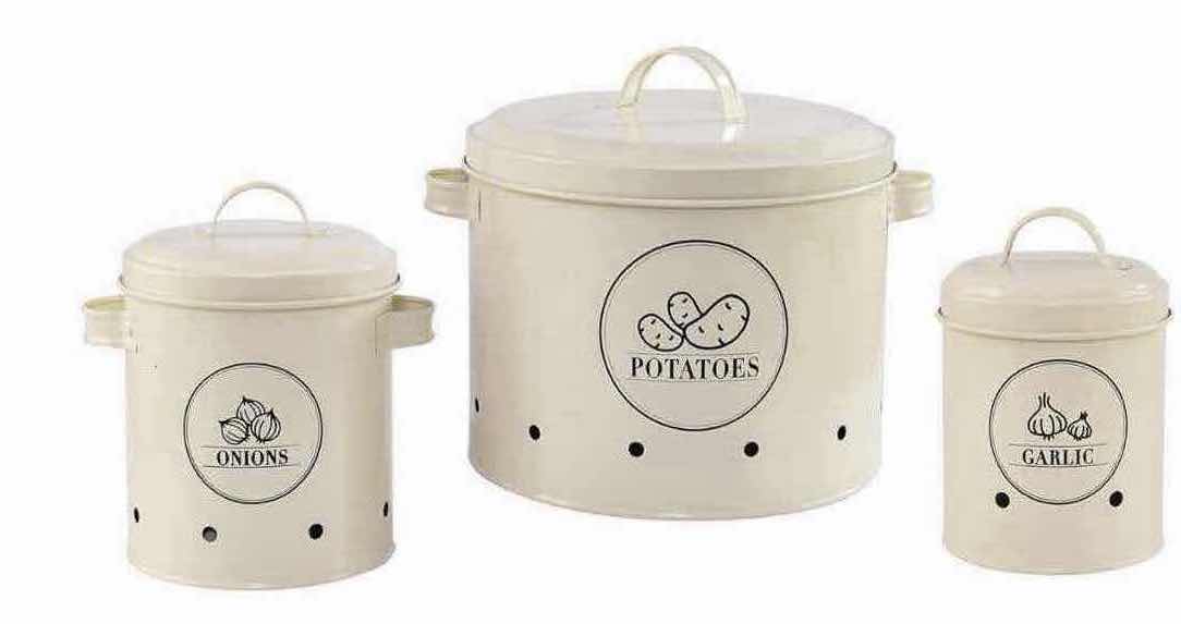 Photo 1 of  NEW CASE OF HOME-X 3-PC CANISTER SET, POTATO, ONION & GARLIC, CREAM COLOR (4 SETS/CASE)
