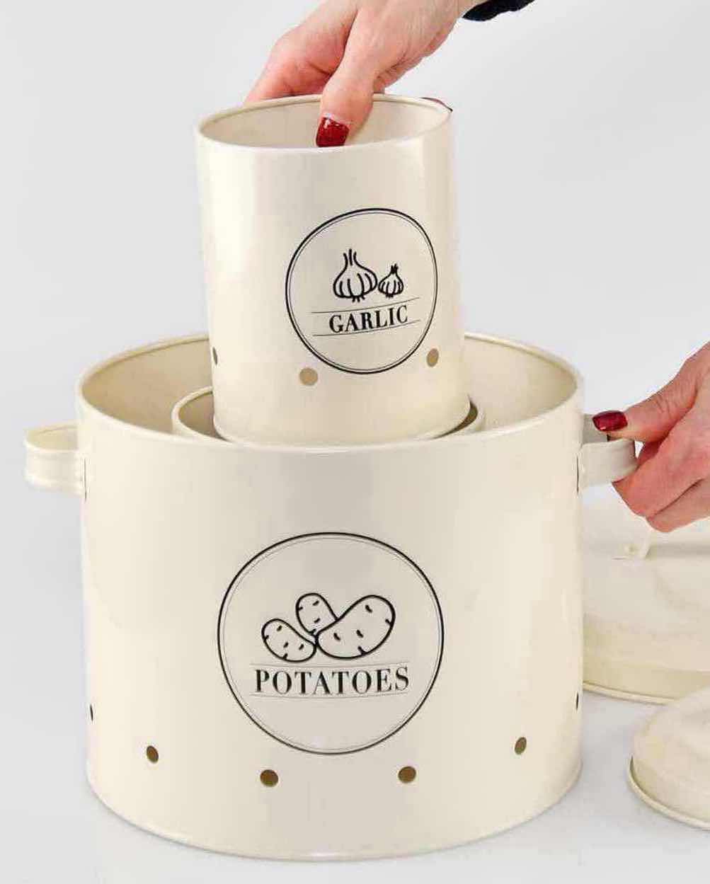 Photo 1 of  NEW CASE OF HOME-X 3-PC CANISTER SET, POTATO, ONION & GARLIC, CREAM COLOR (4 SETS/CASE)