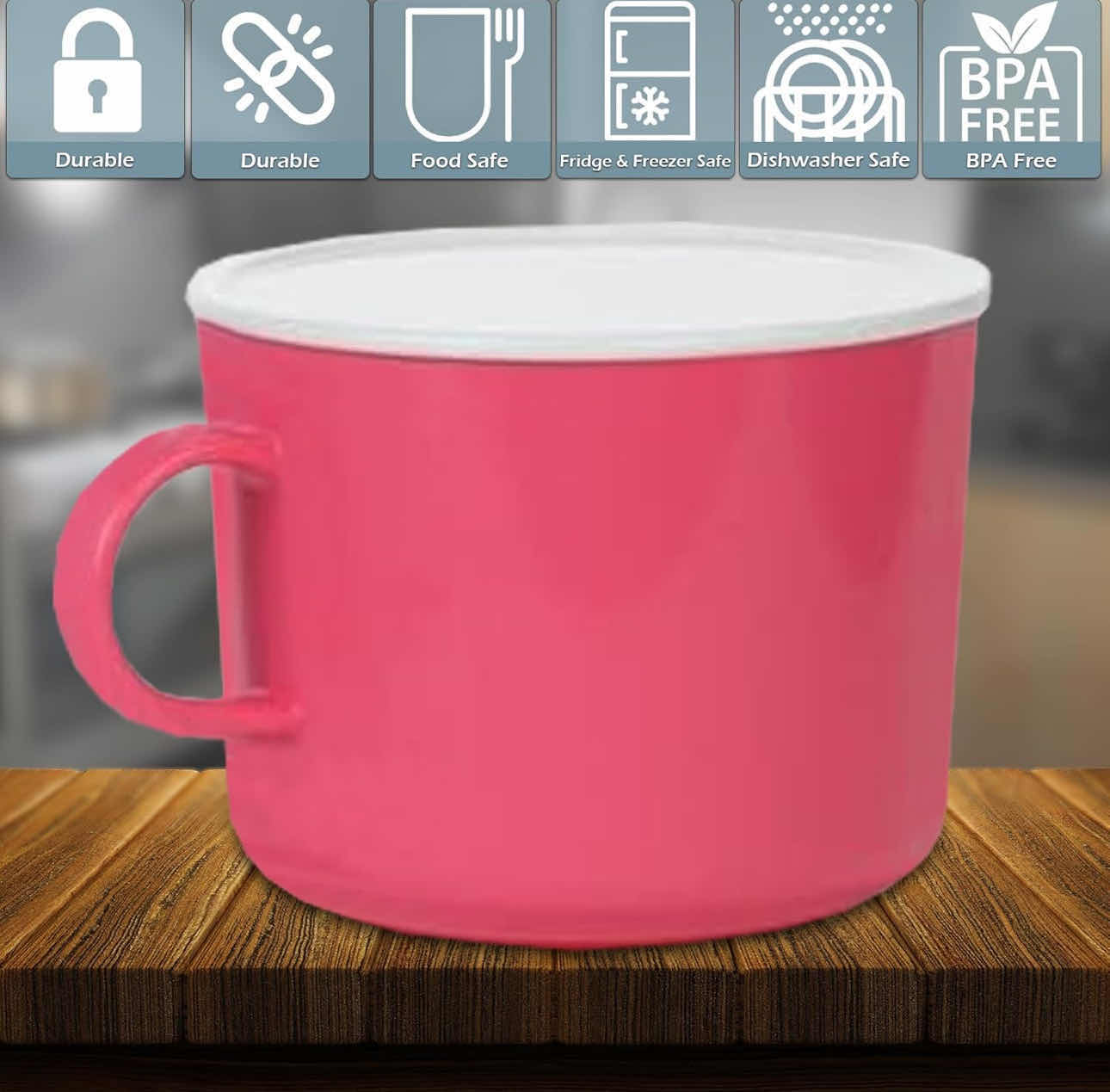 View 3 of 4-BRAND NEW-HOME-X MICROWAVE 20oz PORTABLE  SOUP/COFFEE MUGS WITH LIDS. SET OF 4 VARIOUS COLORED LARGE HANDELED CUPS FOR CAMPING OR TRAVEL. MADE OF DURABLE BPA-FREE POLYPROPYLENE.  3.5"H