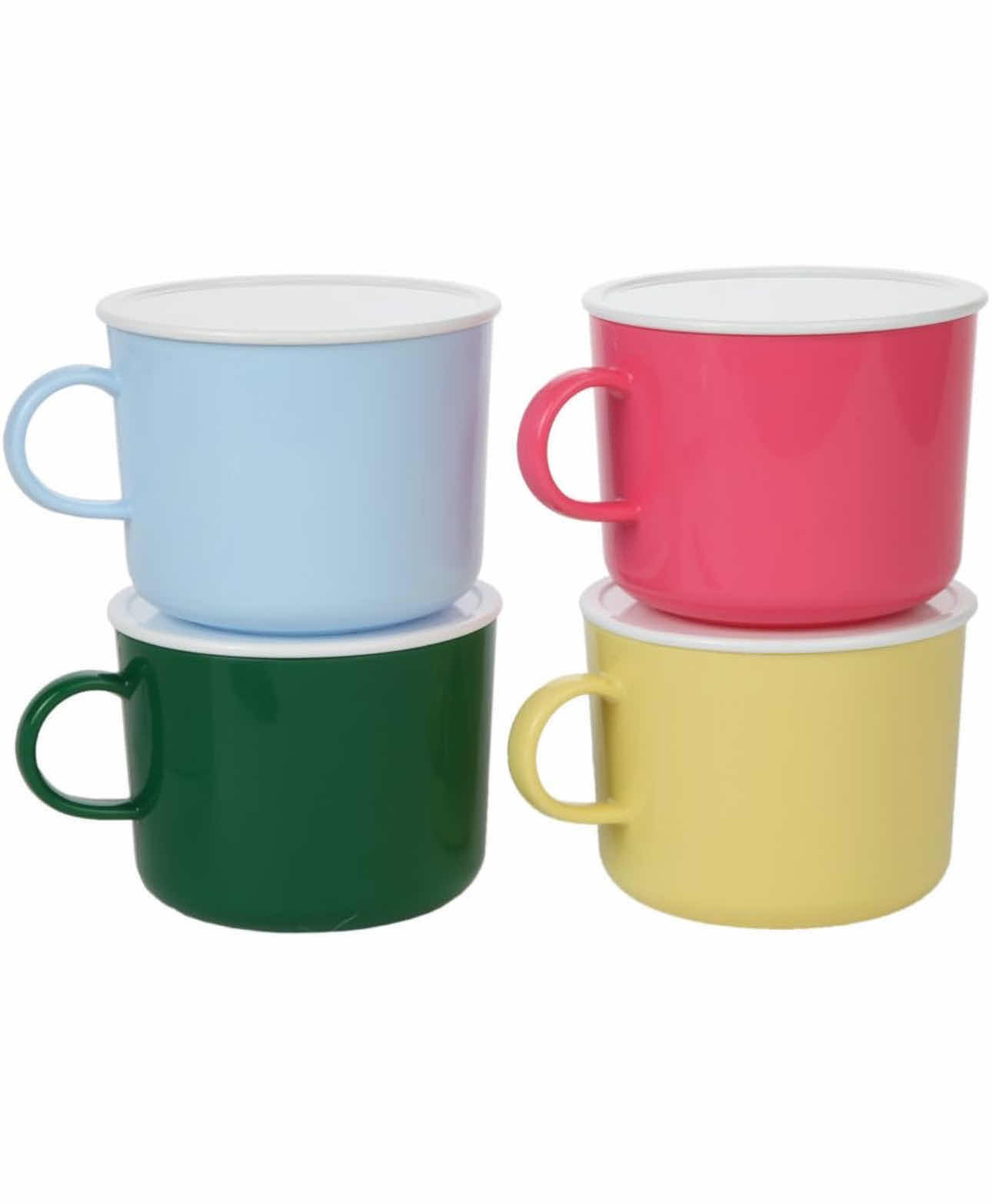 View 1 of 4-BRAND NEW-HOME-X MICROWAVE 20oz PORTABLE  SOUP/COFFEE MUGS WITH LIDS. SET OF 4 VARIOUS COLORED LARGE HANDELED CUPS FOR CAMPING OR TRAVEL. MADE OF DURABLE BPA-FREE POLYPROPYLENE.  3.5"H