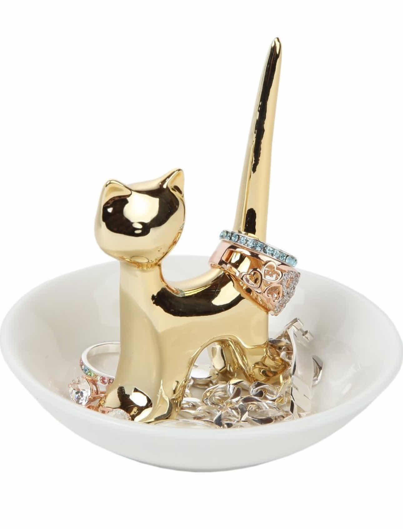 Photo 1 of 3-BRAND NEW-HOME-X GOLDEN CAT, PORCELAIN RING HOLDER IN SAUCER. 4.2"H (3CT)