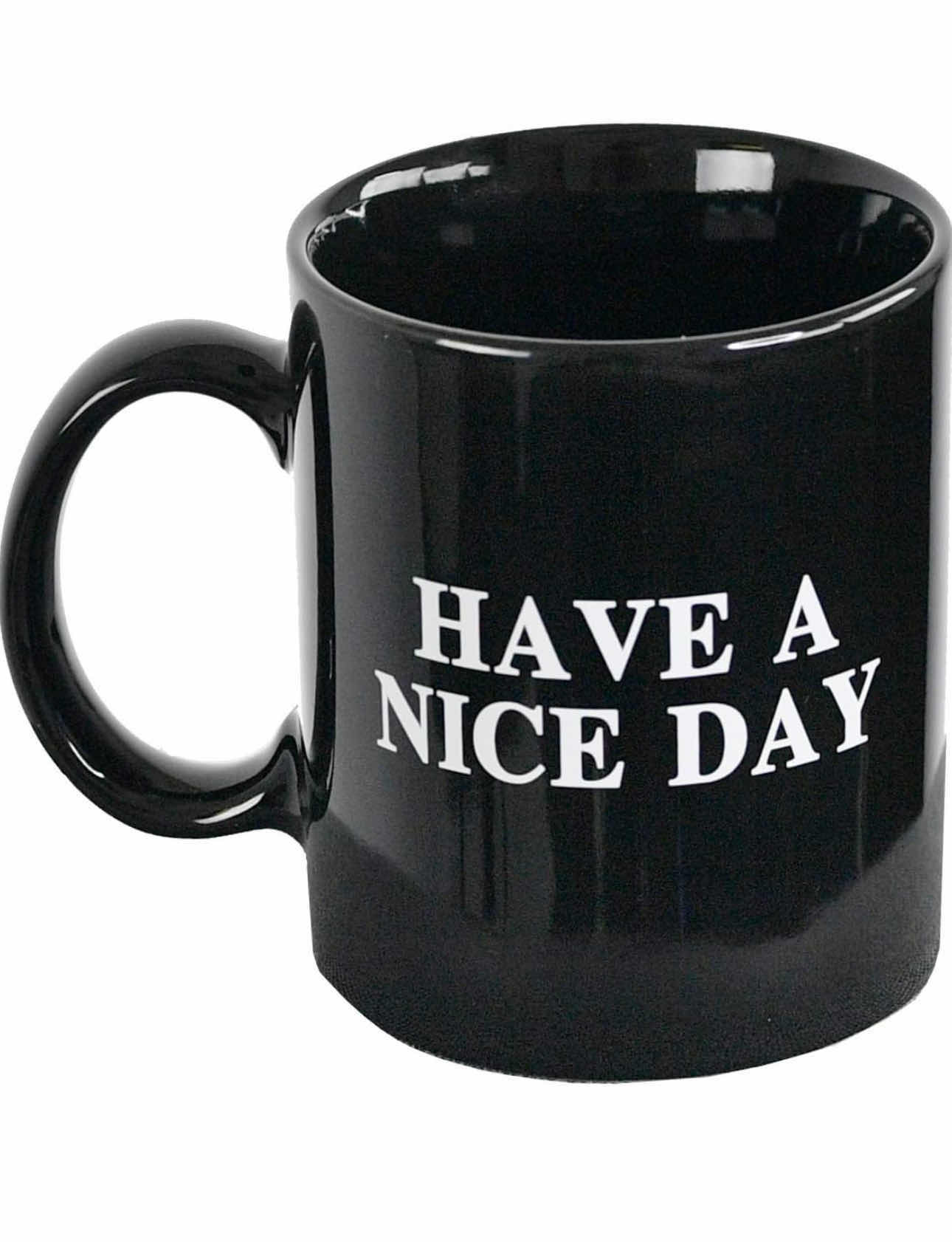 Photo 1 of 4-BRAND NEW-"HAVE A NICE DAY" CERAMIC COFFEE MUG, FUN MIDDLE FINGER ON THE BOTTOM. BLACK 12OZ CUP SET OF 4.
