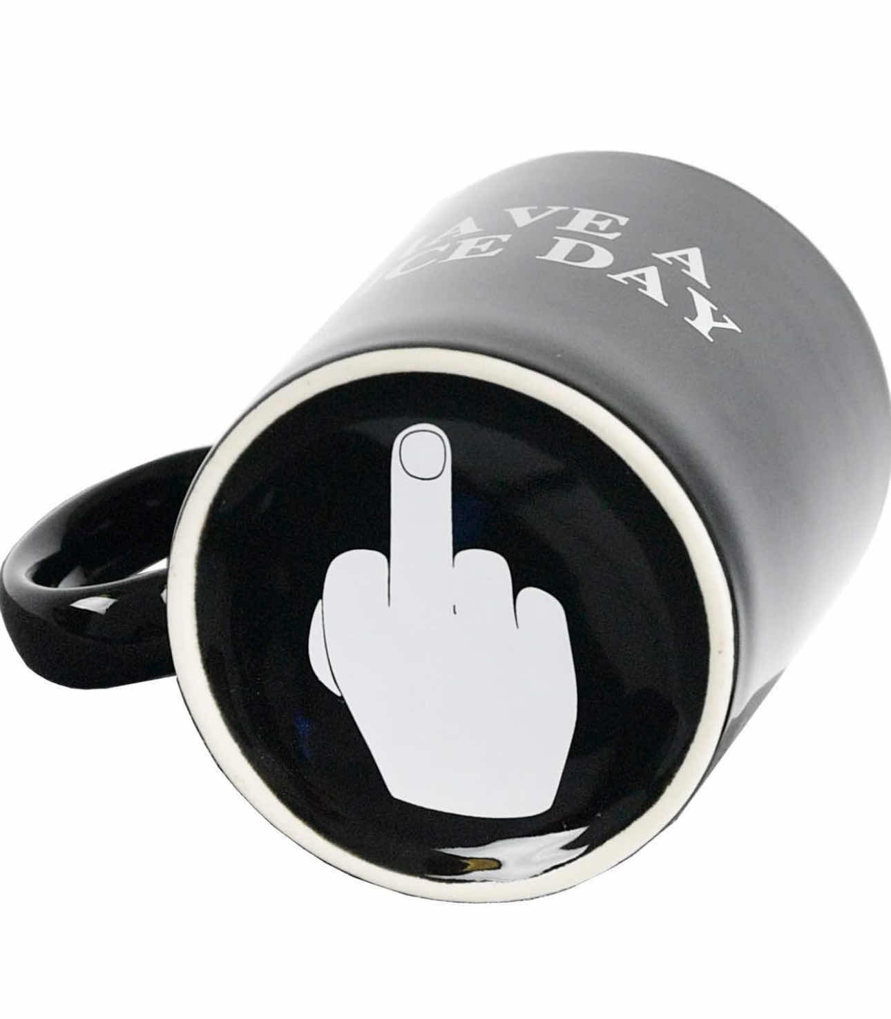 Photo 1 of 4-BRAND NEW-"HAVE A NICE DAY" CERAMIC COFFEE MUG, FUN MIDDLE FINGER ON THE BOTTOM. BLACK 12OZ CUP SET OF 4.
