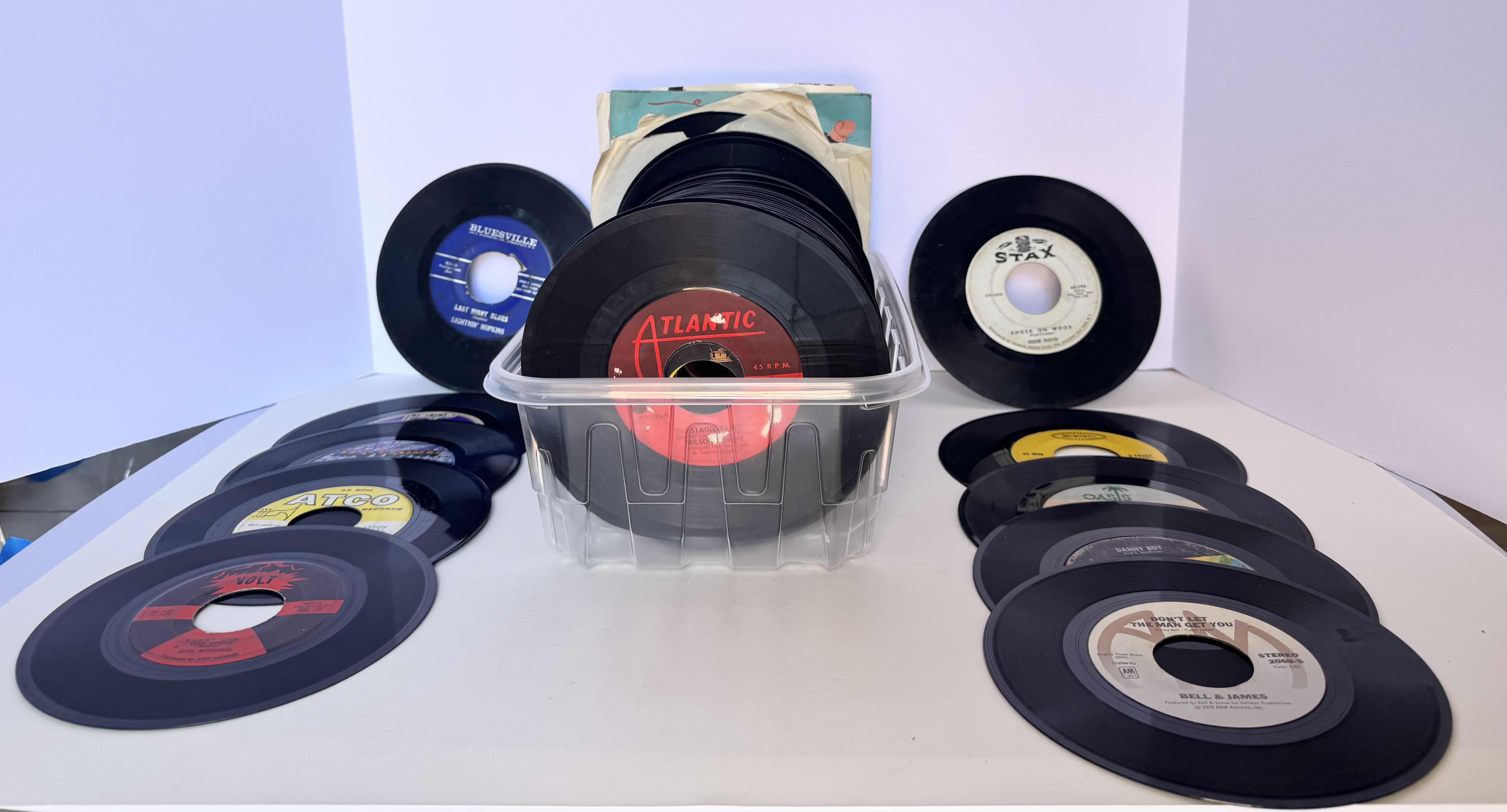 Photo 1 of BOX OF VINYL RECORD COLLECTION. VARIOUS ARTISTS RECORD SIZE IS 45'S. VARIOUS R&B ARTISTS. SEVERAL GENRES.