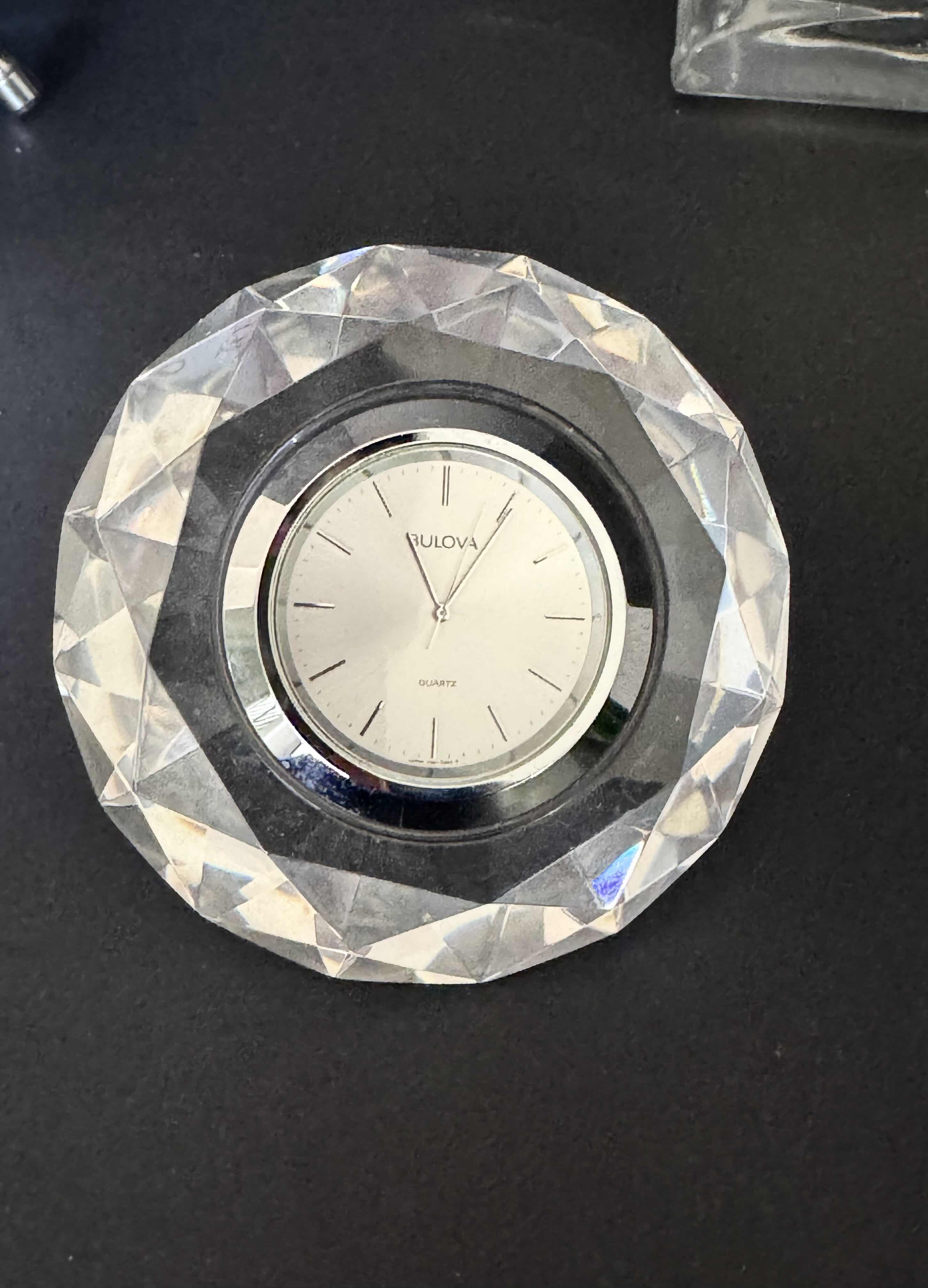 Photo 1 of 3-DESK CLOCKS (HOYA LEAD CRYSTAL SCULPTURE CLOCK BY BULOVA, CROSLEY ANALOG ALARM CLOCK, ELGIN LEAD CRYSTAL GALL QUARTZ CLOCK)