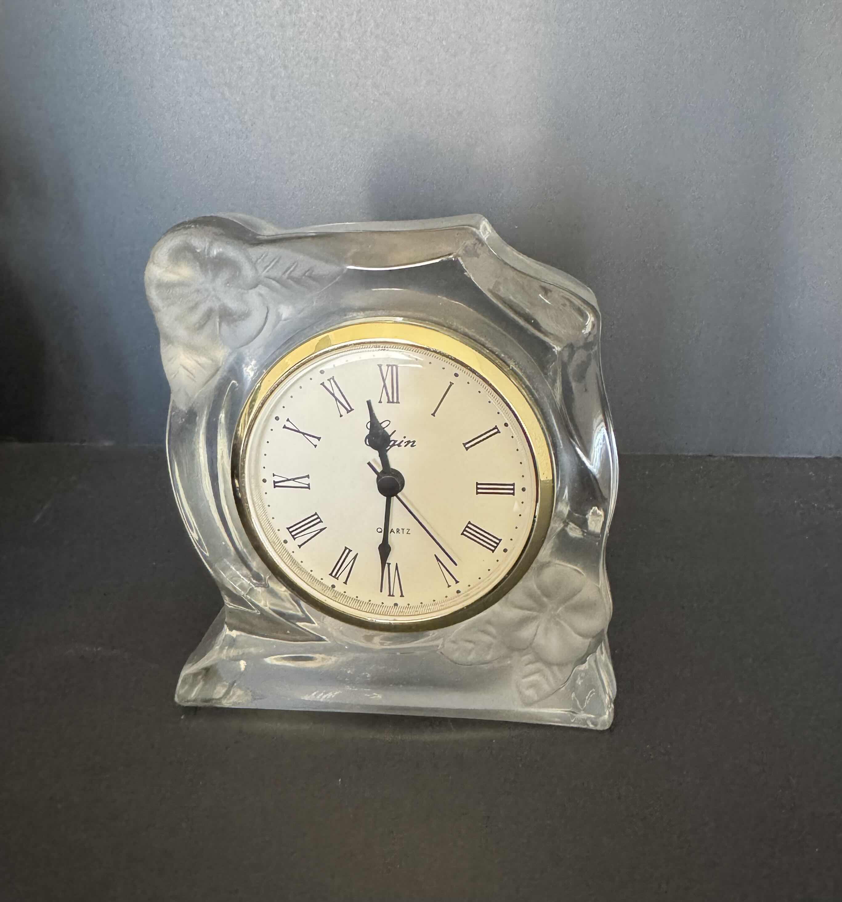 Photo 1 of 3-DESK CLOCKS (HOYA LEAD CRYSTAL SCULPTURE CLOCK BY BULOVA, CROSLEY ANALOG ALARM CLOCK, ELGIN LEAD CRYSTAL GALL QUARTZ CLOCK)