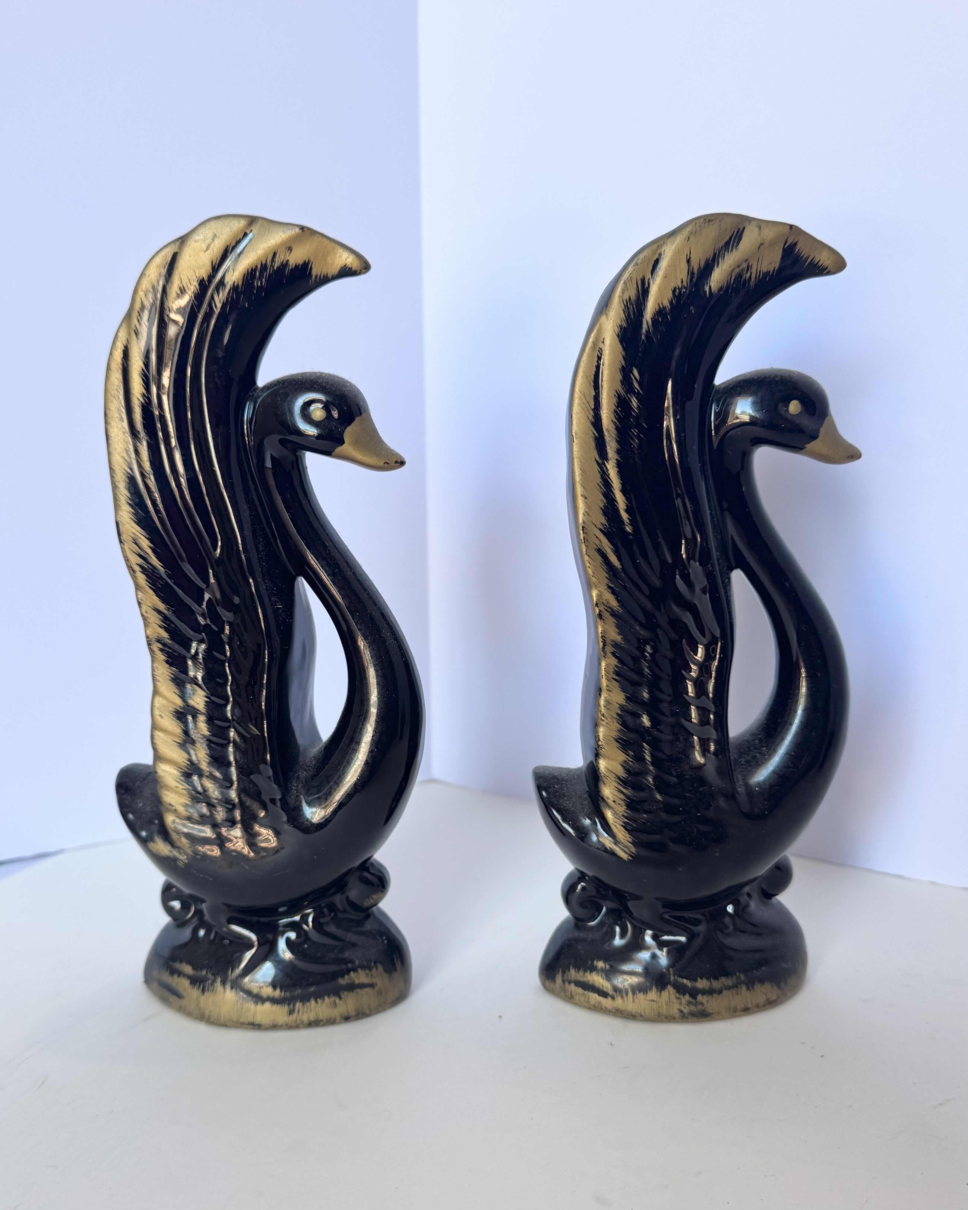 Photo 1 of 3 PC VINTAGE MCM GLAZED CERAMIC BLACK SWANS W BOWL CONSOLE SET 