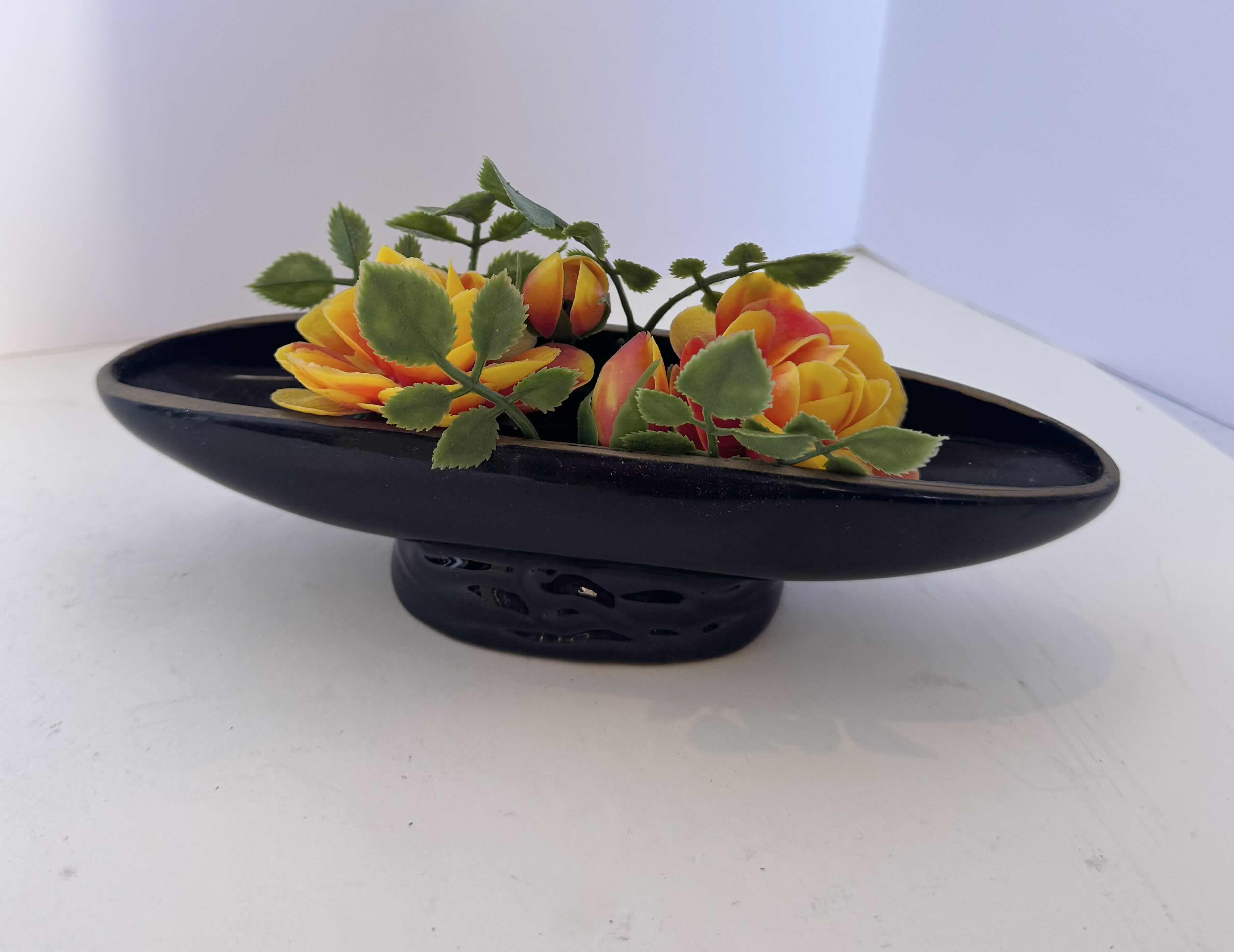 Photo 1 of 3 PC VINTAGE MCM GLAZED CERAMIC BLACK SWANS W BOWL CONSOLE SET 