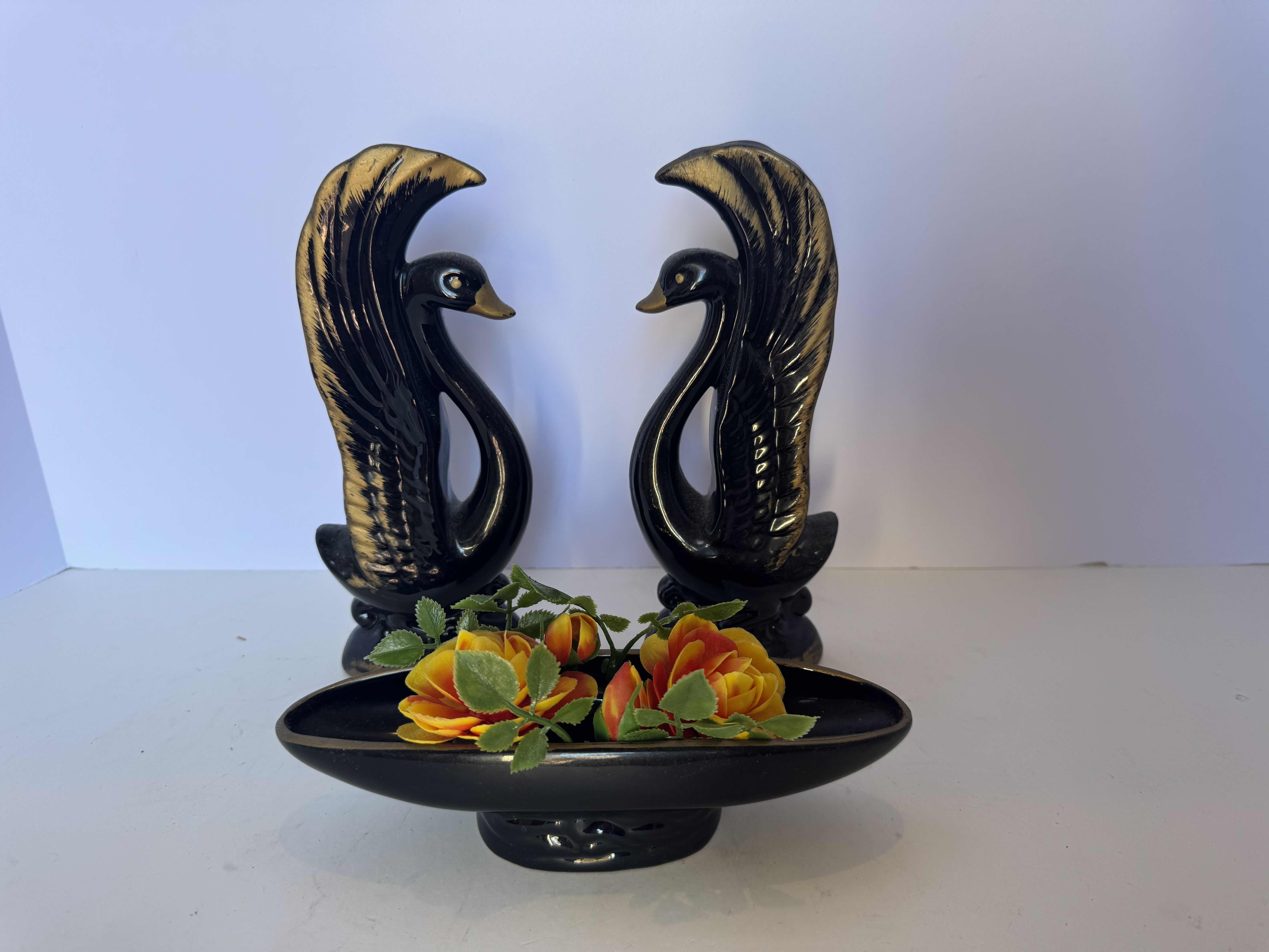Photo 1 of 3 PC VINTAGE MCM GLAZED CERAMIC BLACK SWANS W BOWL CONSOLE SET 