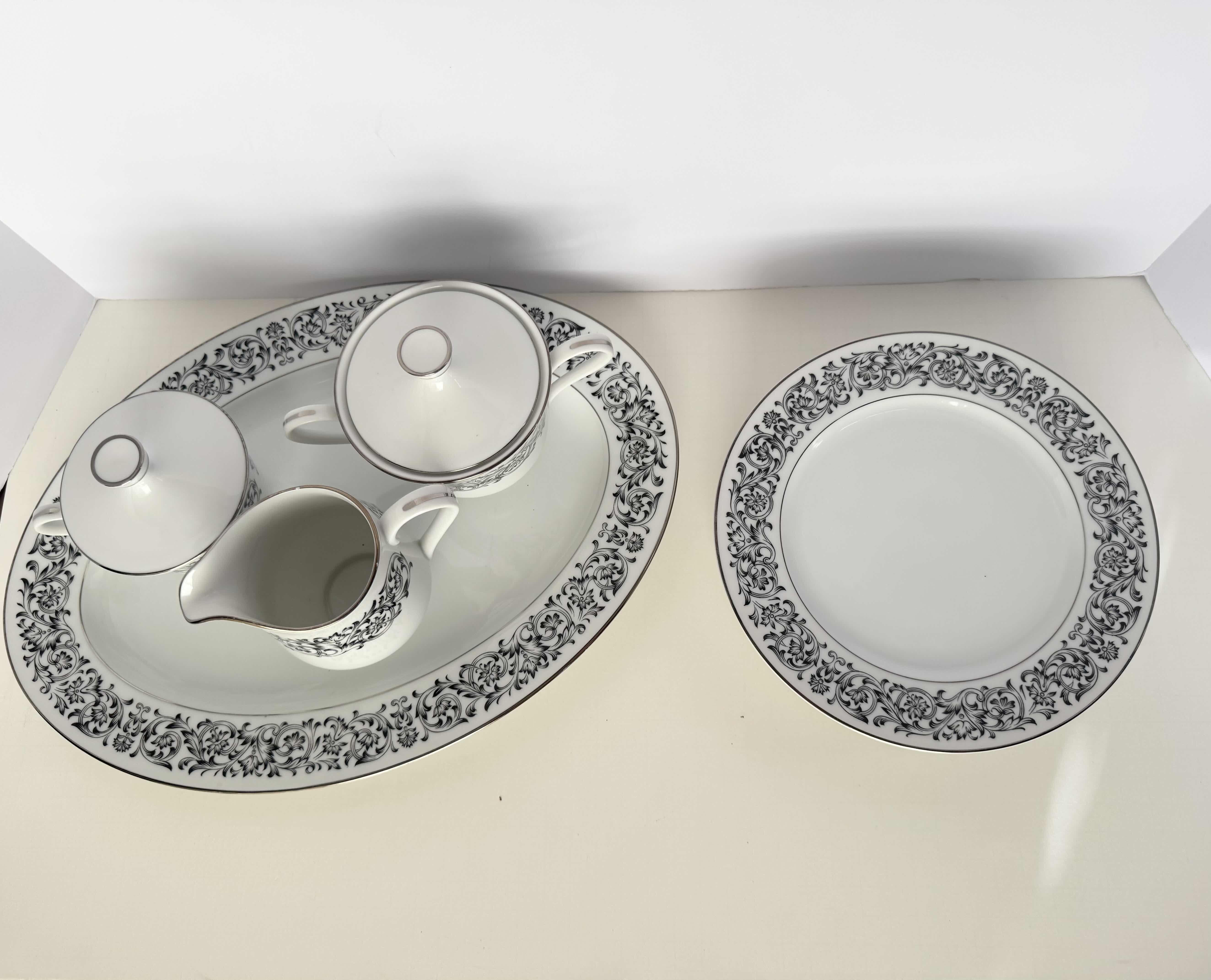 Photo 1 of ROYAL M SUGAR BOWL WITH LID, CREAMER, OVAL SERVING PLATTER AND PLATES. FINE CHINA, DISHWARE.