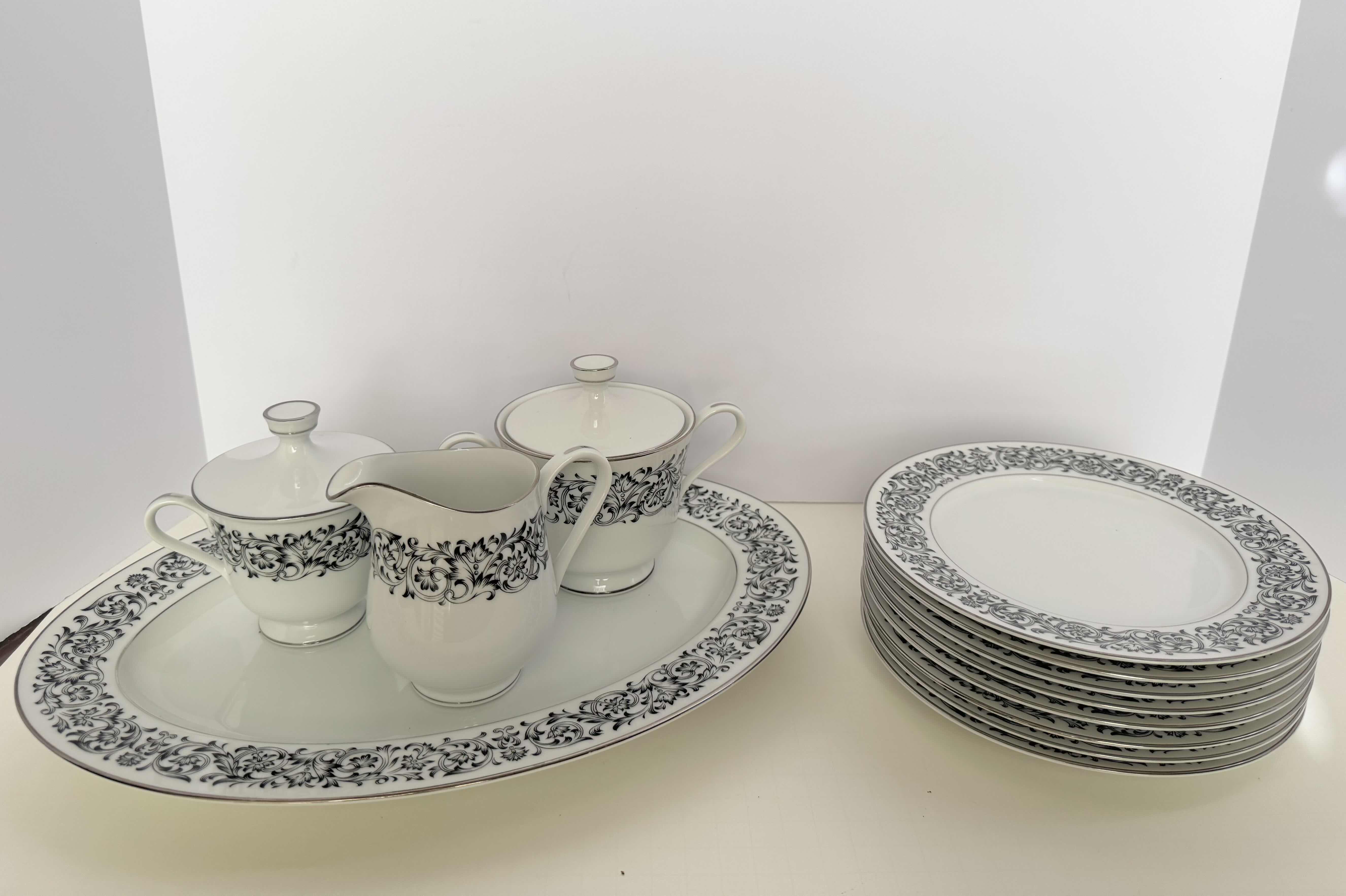 Photo 1 of ROYAL M SUGAR BOWL WITH LID, CREAMER, OVAL SERVING PLATTER AND PLATES. FINE CHINA, DISHWARE.