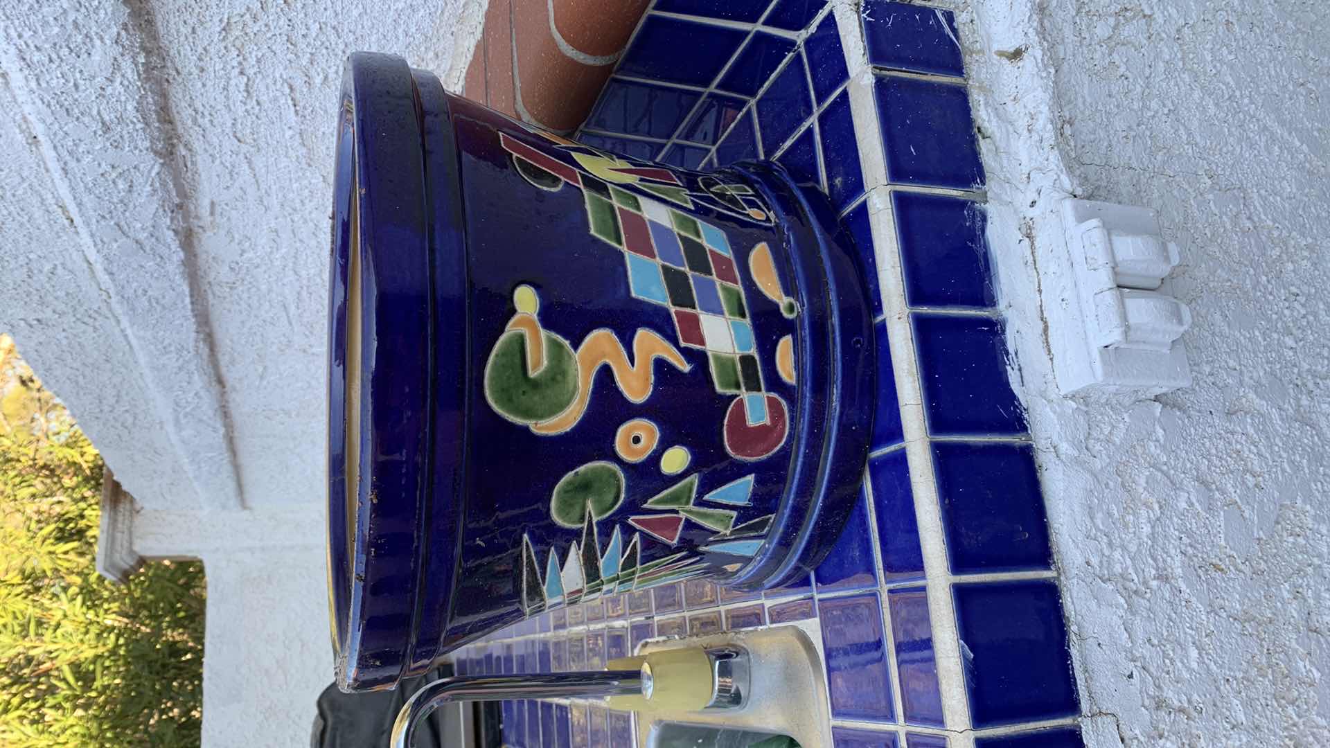 Photo 1 of CERAMIC PLANT POT. BLUE WITH PAINTED ABSTRACT DESIGN. HOME AND GARDEN DECOR. 12” H