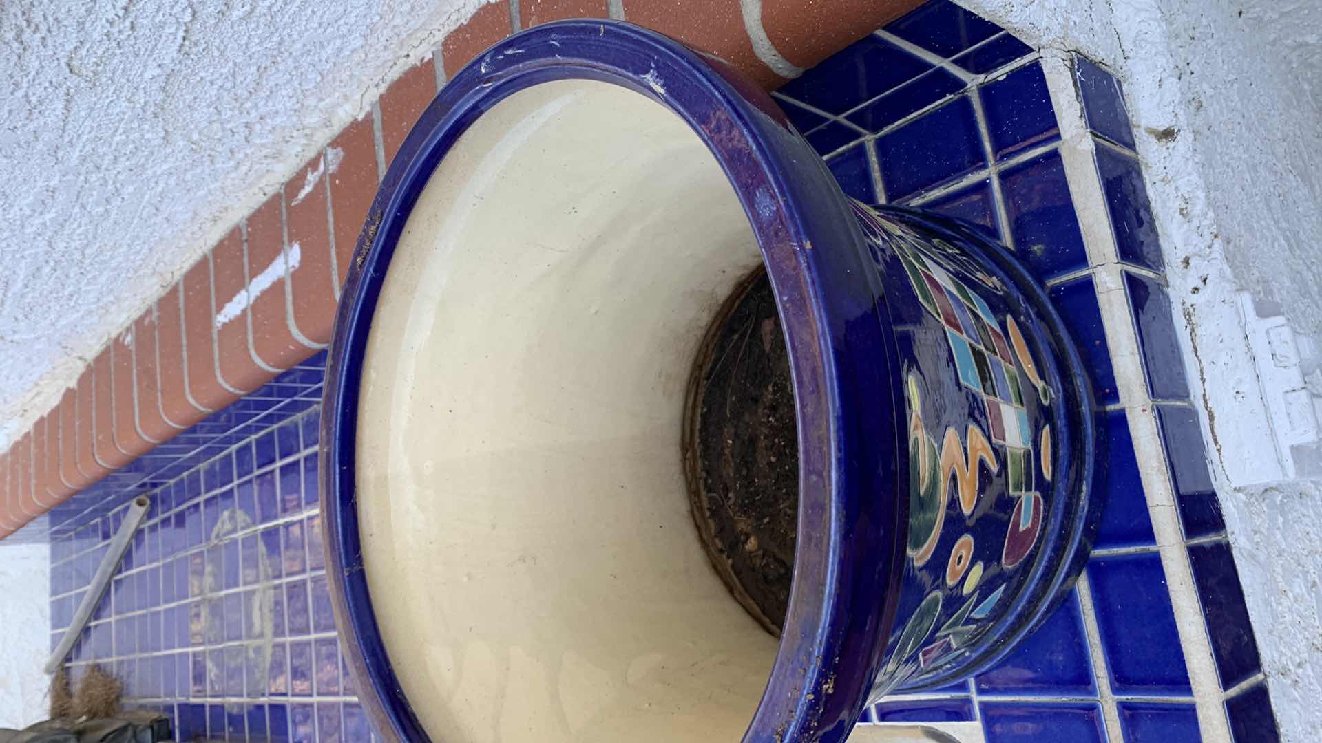 Photo 1 of CERAMIC PLANT POT. BLUE WITH PAINTED ABSTRACT DESIGN. HOME AND GARDEN DECOR. 12” H