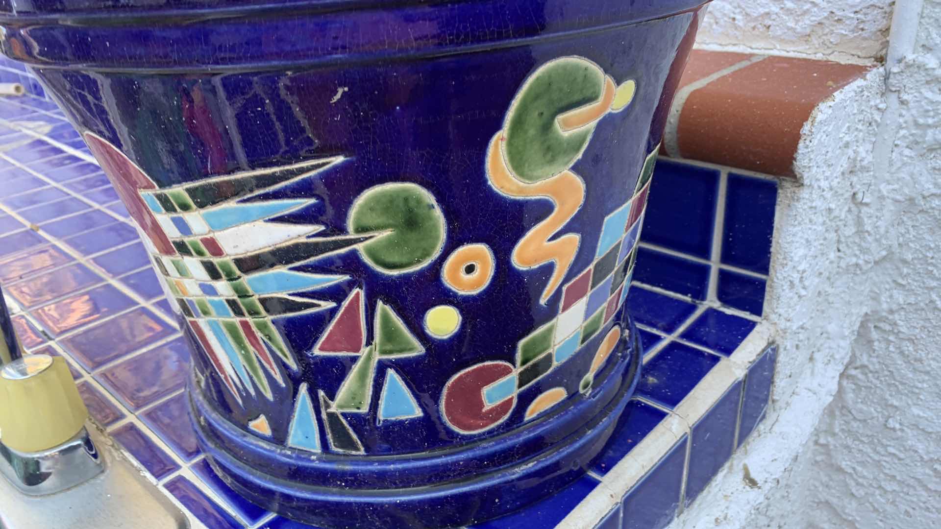 Photo 1 of CERAMIC PLANT POT. BLUE WITH PAINTED ABSTRACT DESIGN. HOME AND GARDEN DECOR. 12” H