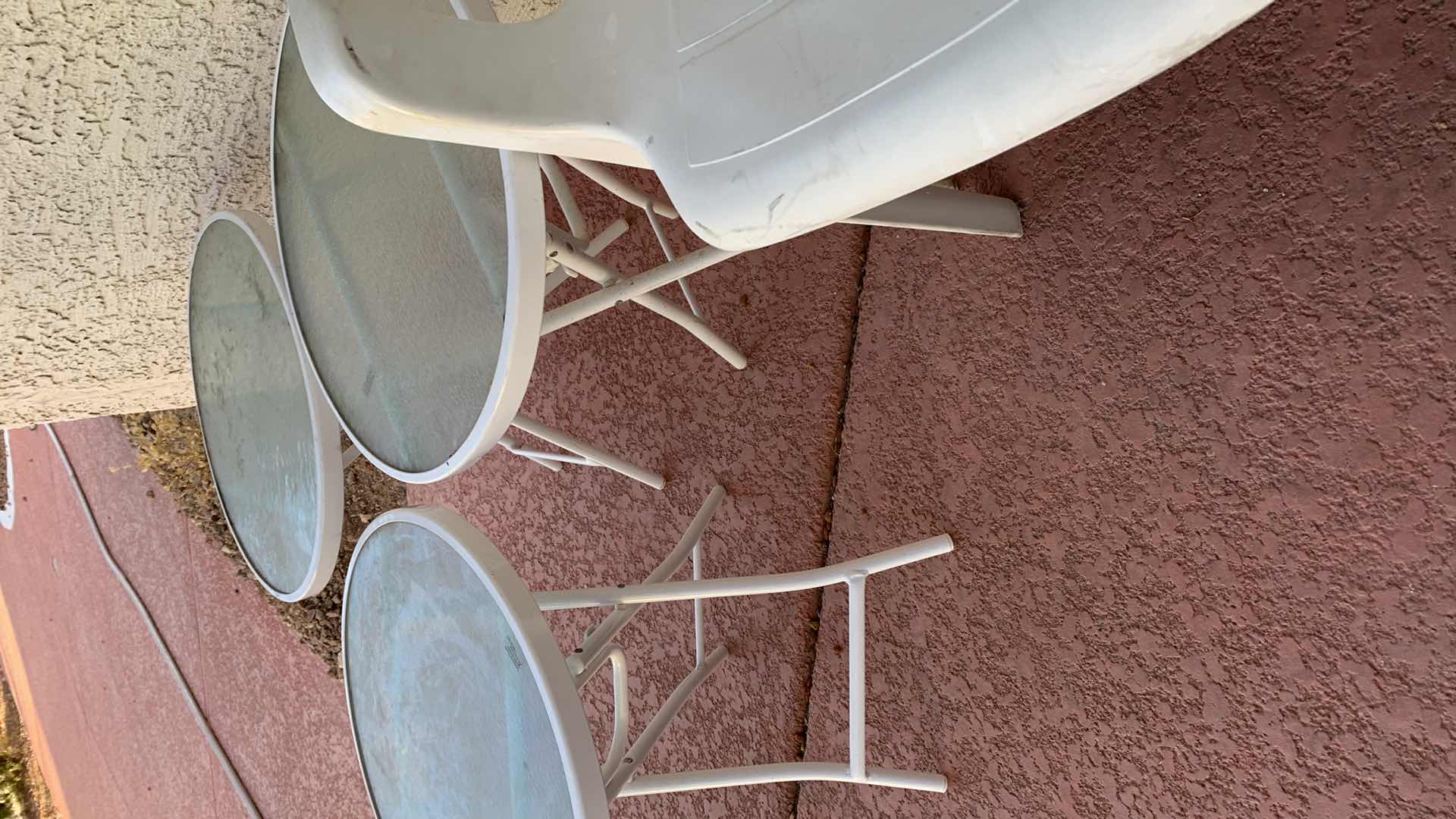 Photo 3 of 3-GLASS TOP PATIO TABLES AND A PLASTIC CHAIR