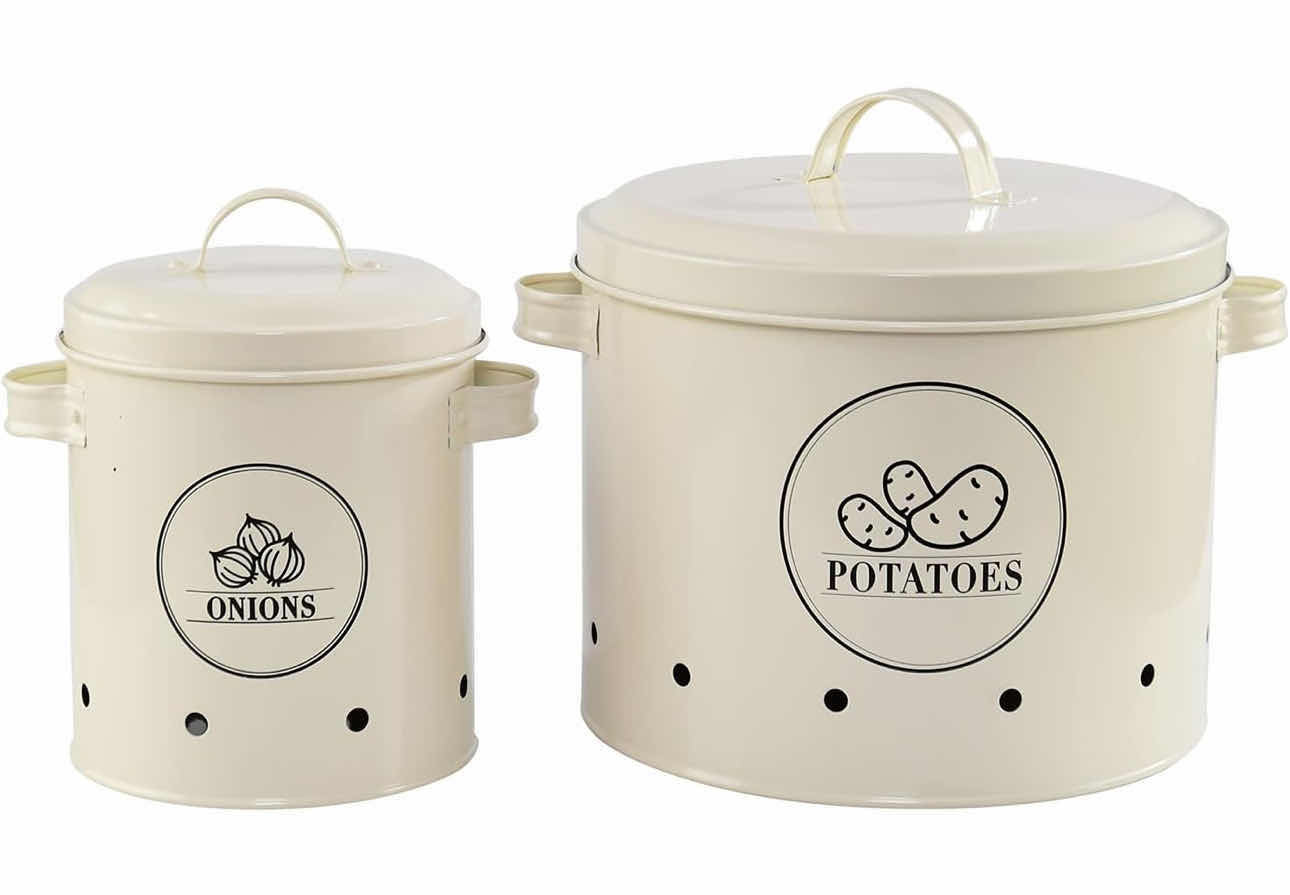 Photo 1 of BRAND NEW CASE OF HOME-X CANISTER SET, POTATO & ONION STORAGE CONTAINERS POTATO: 8 ½" D x 7 ¾" H, ONION: 5 ½" D x 6 ¼" H, SOFT WHITE