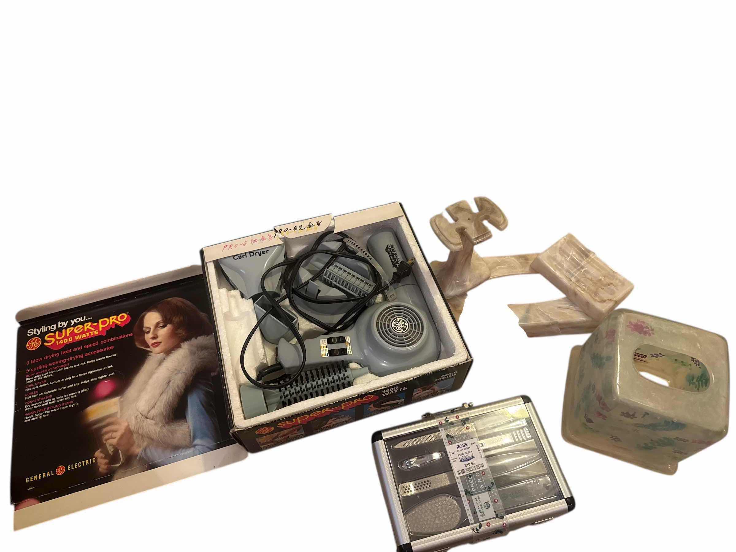 Photo 1 of 6 PERSONAL CARE ITEMS: GE SUPERPRO HAIR DRYER, MANICURE SET, TISSUE, SOAP, & TOOTHPASTE HOLDER